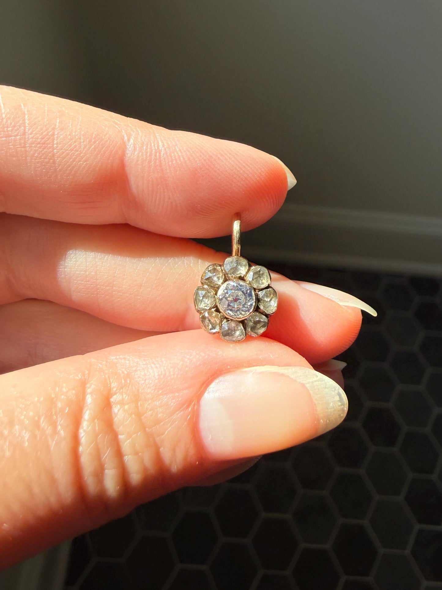 Daisy Cluster Pendant Old Mine Rose Cut DIAMOND Antique Victorian 18k Gold Pendant Faces Up 1.15 Carat Necklace Bracelet Charm Floral