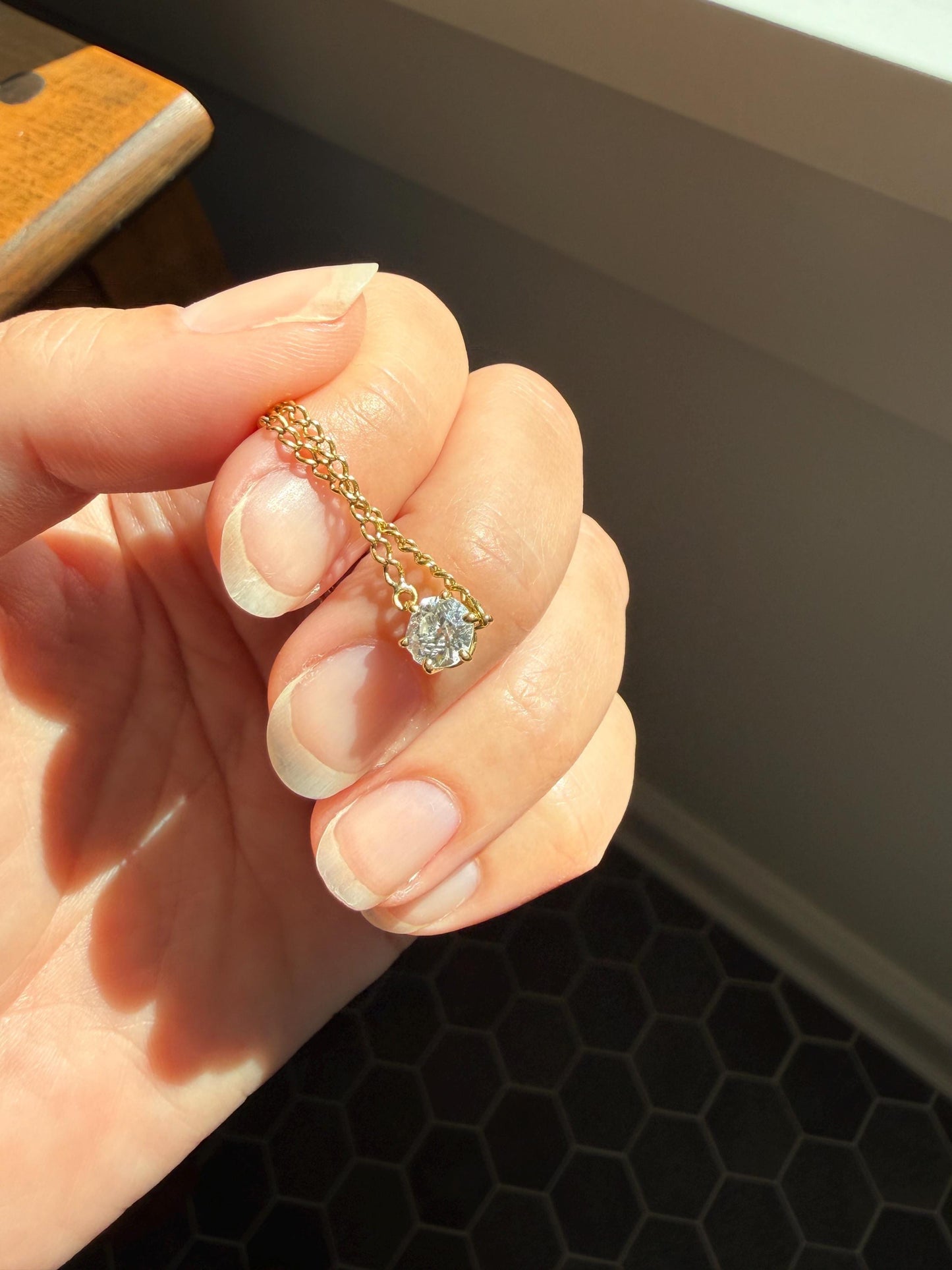 Antique Diamond Chain 18k Gold Eye Clean .65 Carat Old Mine Cut Diamond Dangle NECKLACE Fixed Pendant on Chain French OmC Minimalist
