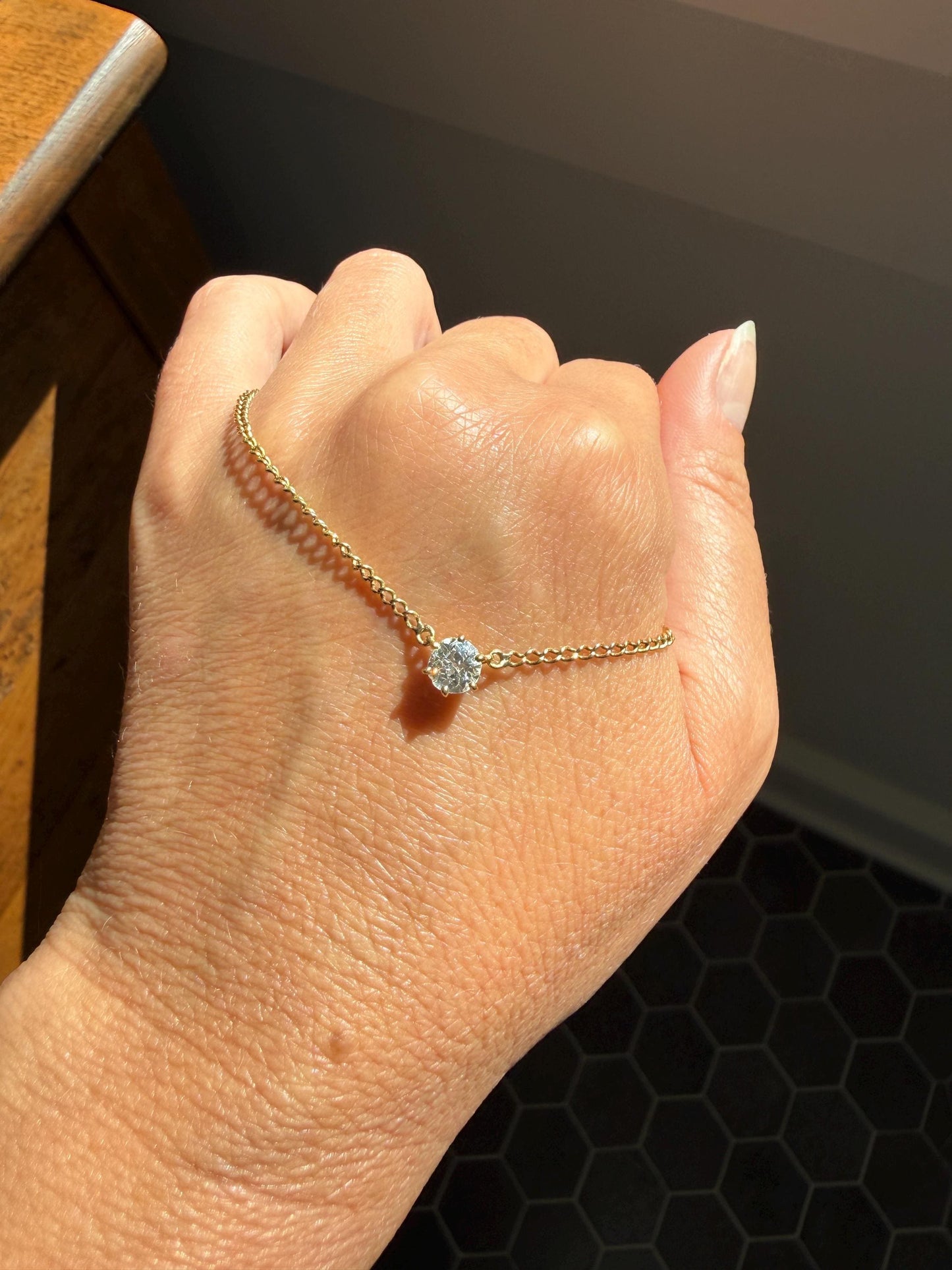 Antique Diamond Chain 18k Gold Eye Clean .65 Carat Old Mine Cut Diamond Dangle NECKLACE Fixed Pendant on Chain French OmC Minimalist