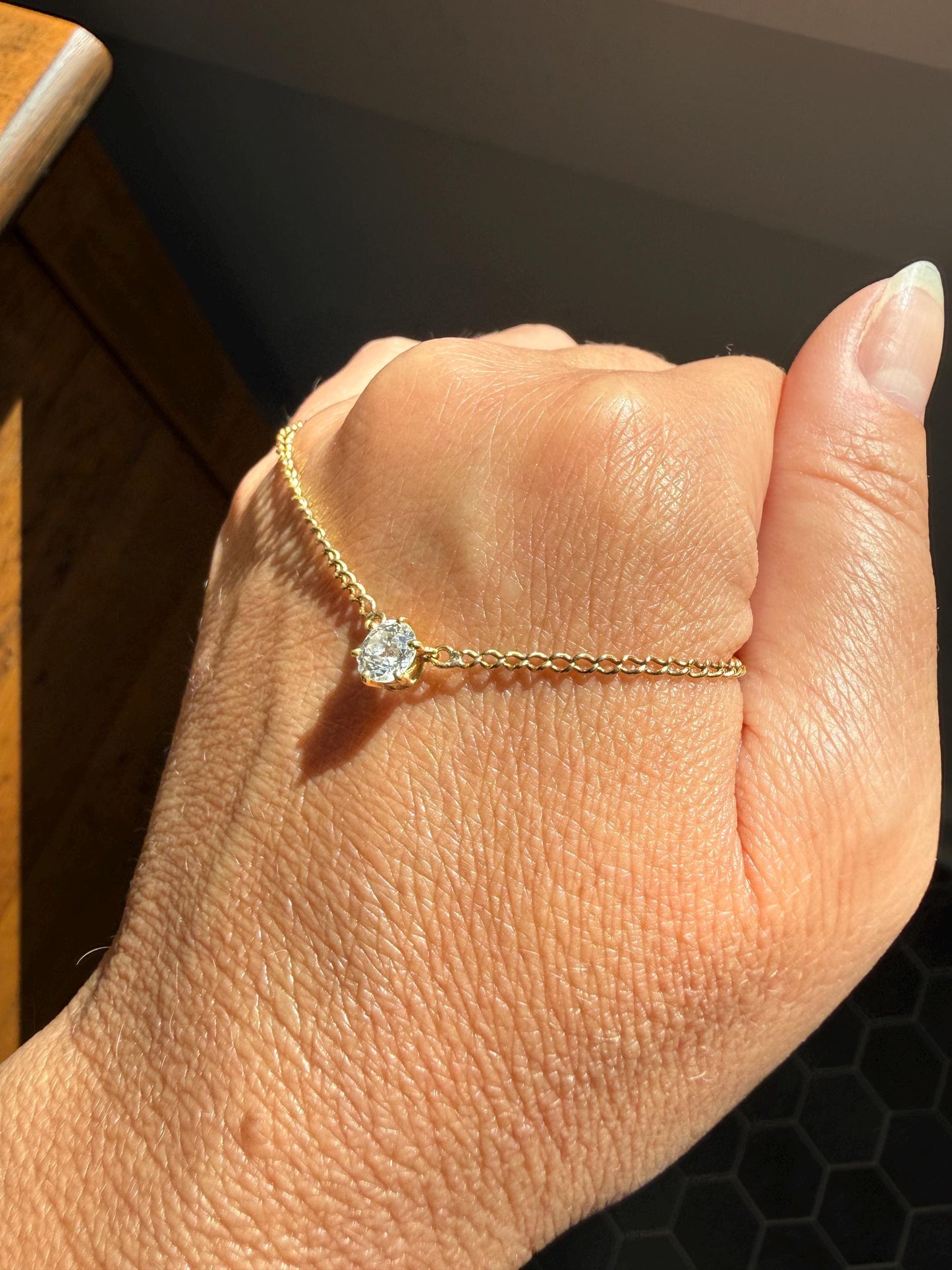 Antique Diamond Chain 18k Gold Eye Clean .65 Carat Old Mine Cut Diamond Dangle NECKLACE Fixed Pendant on Chain French OmC Minimalist