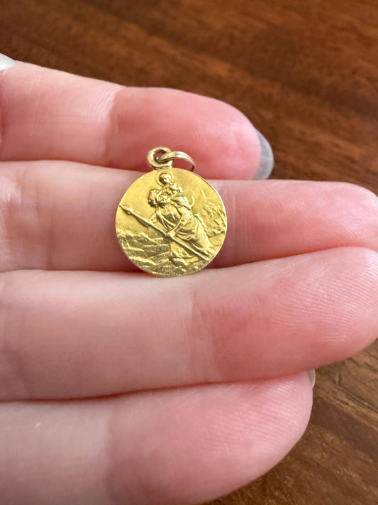 St. Christopher "Look at Saint Christopher, Then Go Forth Reassured" French Antique Pendant Religious Medal 18k Gold Solid Medallion Amulet