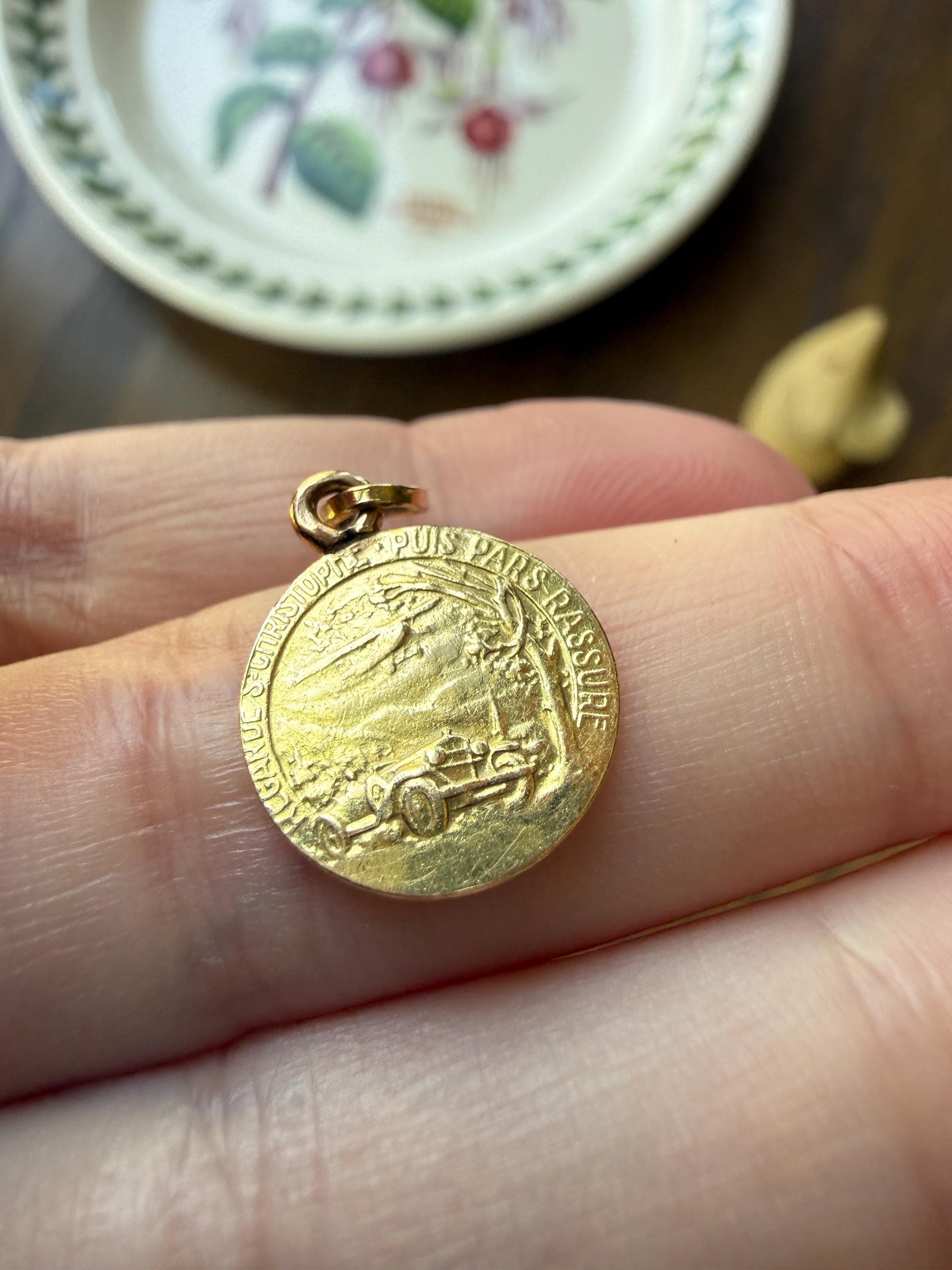 St. Christopher "Look at Saint Christopher, Then Go Forth Reassured" French Antique Pendant Religious Medal 18k Gold Solid Medallion Amulet