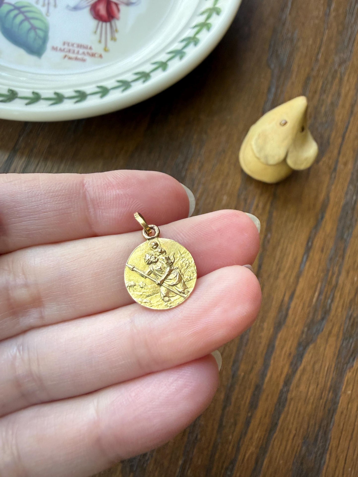 St. Christopher "Look at Saint Christopher, Then Go Forth Reassured" French Antique Pendant Religious Medal 18k Gold Solid Medallion Amulet