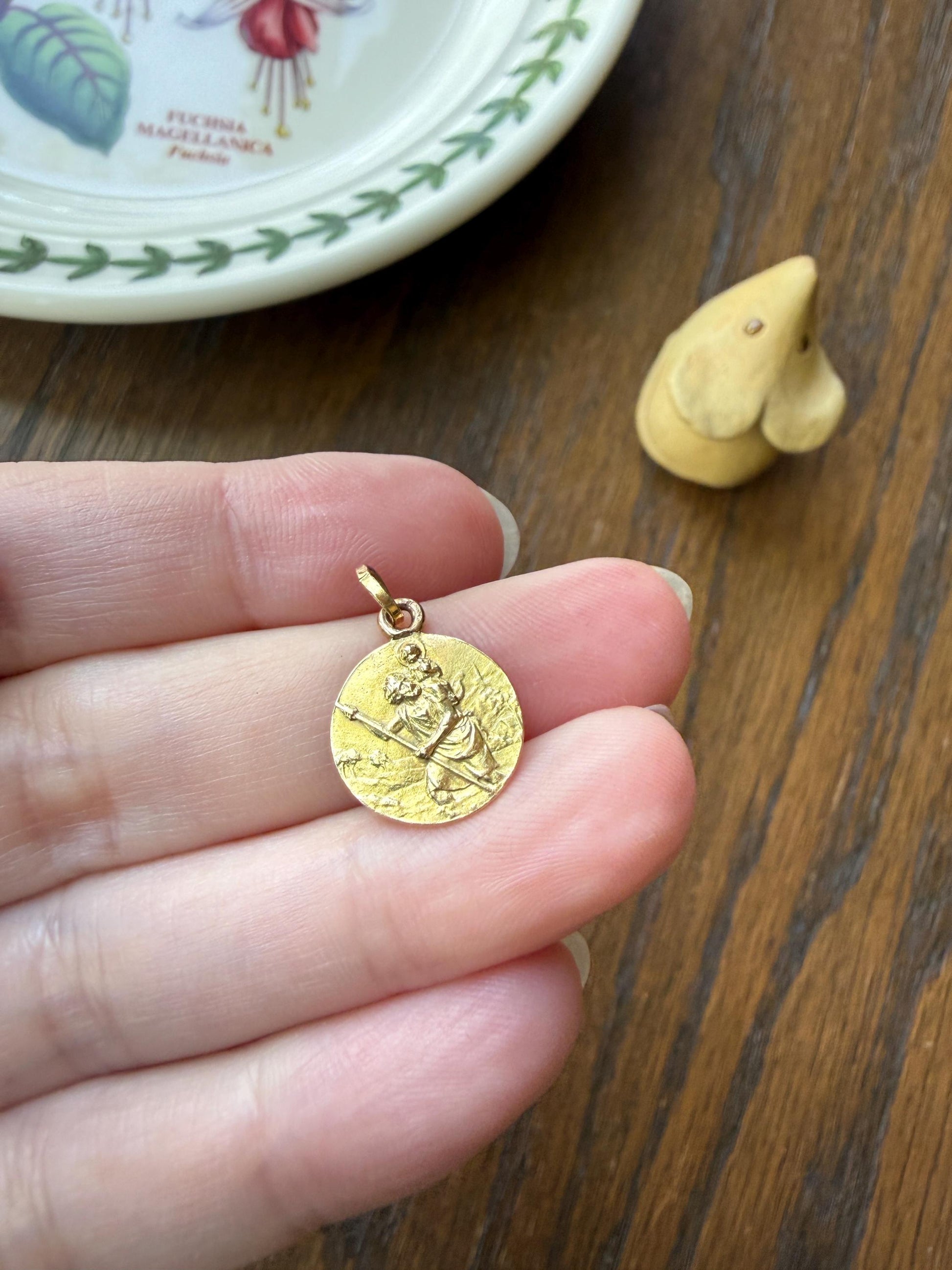 St. Christopher "Look at Saint Christopher, Then Go Forth Reassured" French Antique Pendant Religious Medal 18k Gold Solid Medallion Amulet