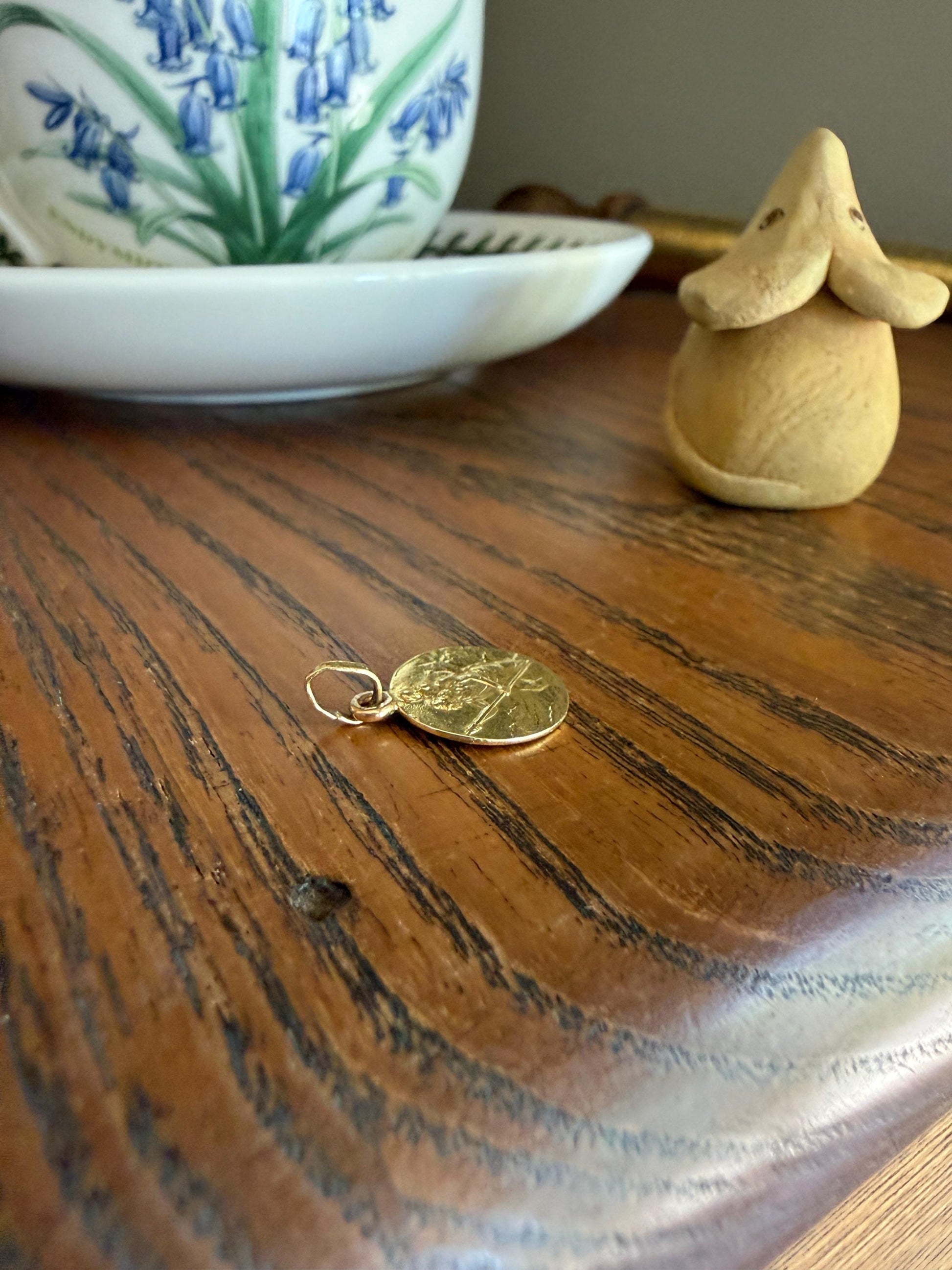 St. Christopher "Look at Saint Christopher, Then Go Forth Reassured" French Antique Pendant Religious Medal 18k Gold Solid Medallion Amulet