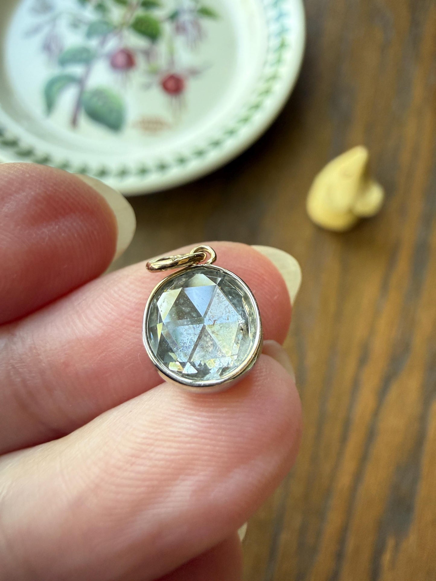 Antique Natural 9x8mm Rose Cut DIAMOND Faces up at 2 Carats Domed Back Pendant Platinum Bezel Set Rare Dangle Drop Bracelet Necklace Charm