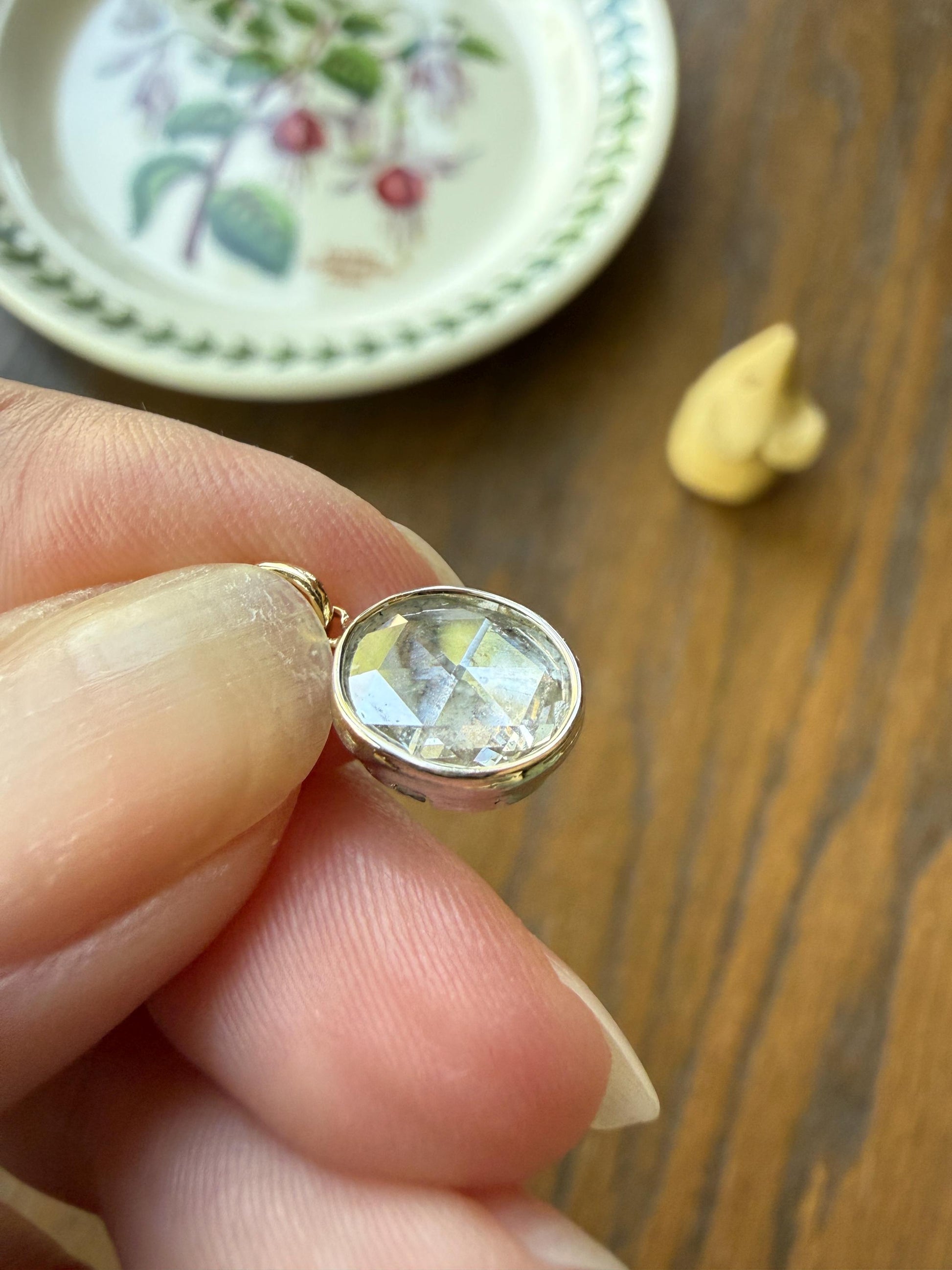 Antique Natural 9x8mm Rose Cut DIAMOND Faces up at 2 Carats Domed Back Pendant Platinum Bezel Set Rare Dangle Drop Bracelet Necklace Charm