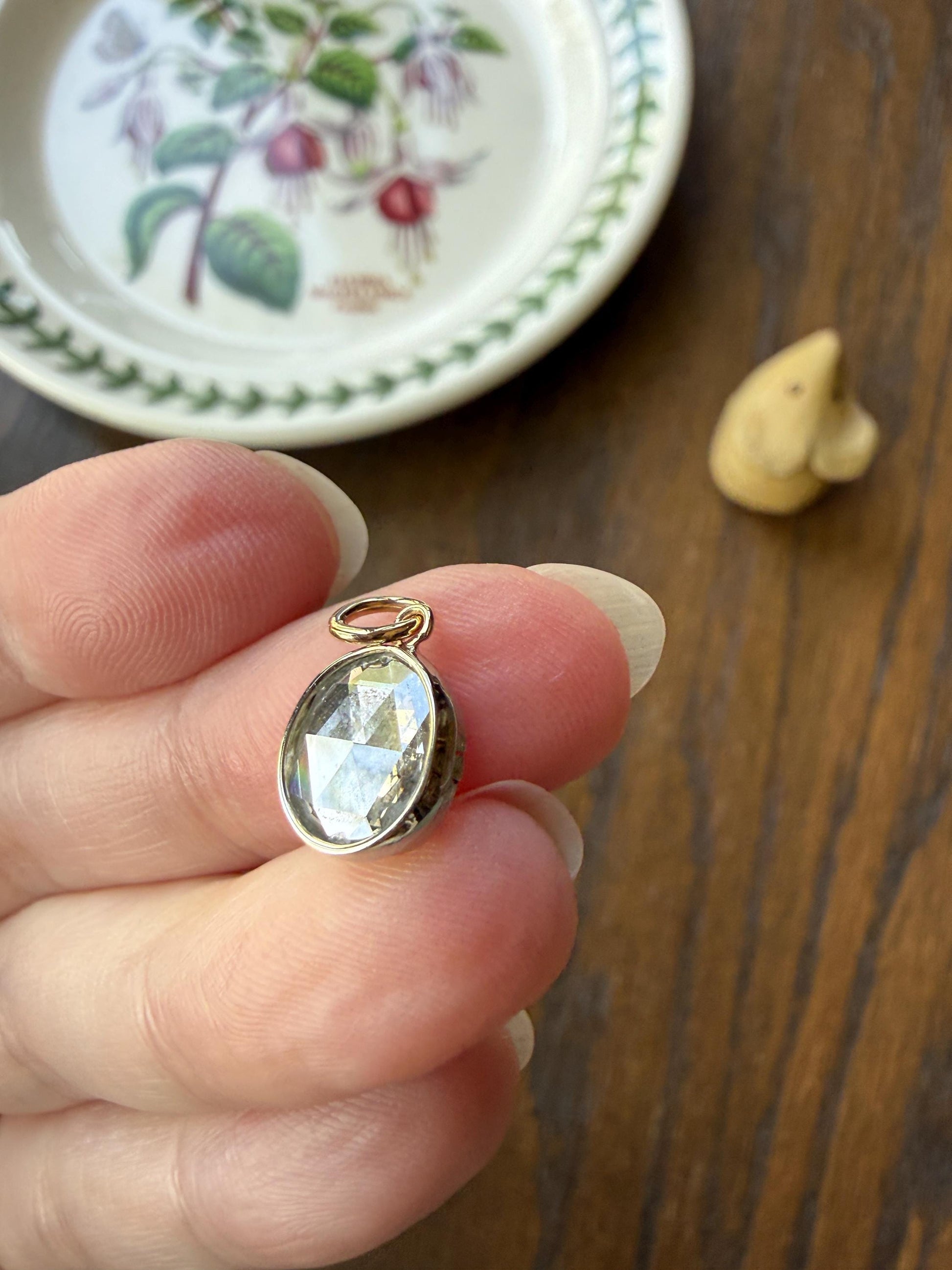 Antique Natural 9x8mm Rose Cut DIAMOND Faces up at 2 Carats Domed Back Pendant Platinum Bezel Set Rare Dangle Drop Bracelet Necklace Charm