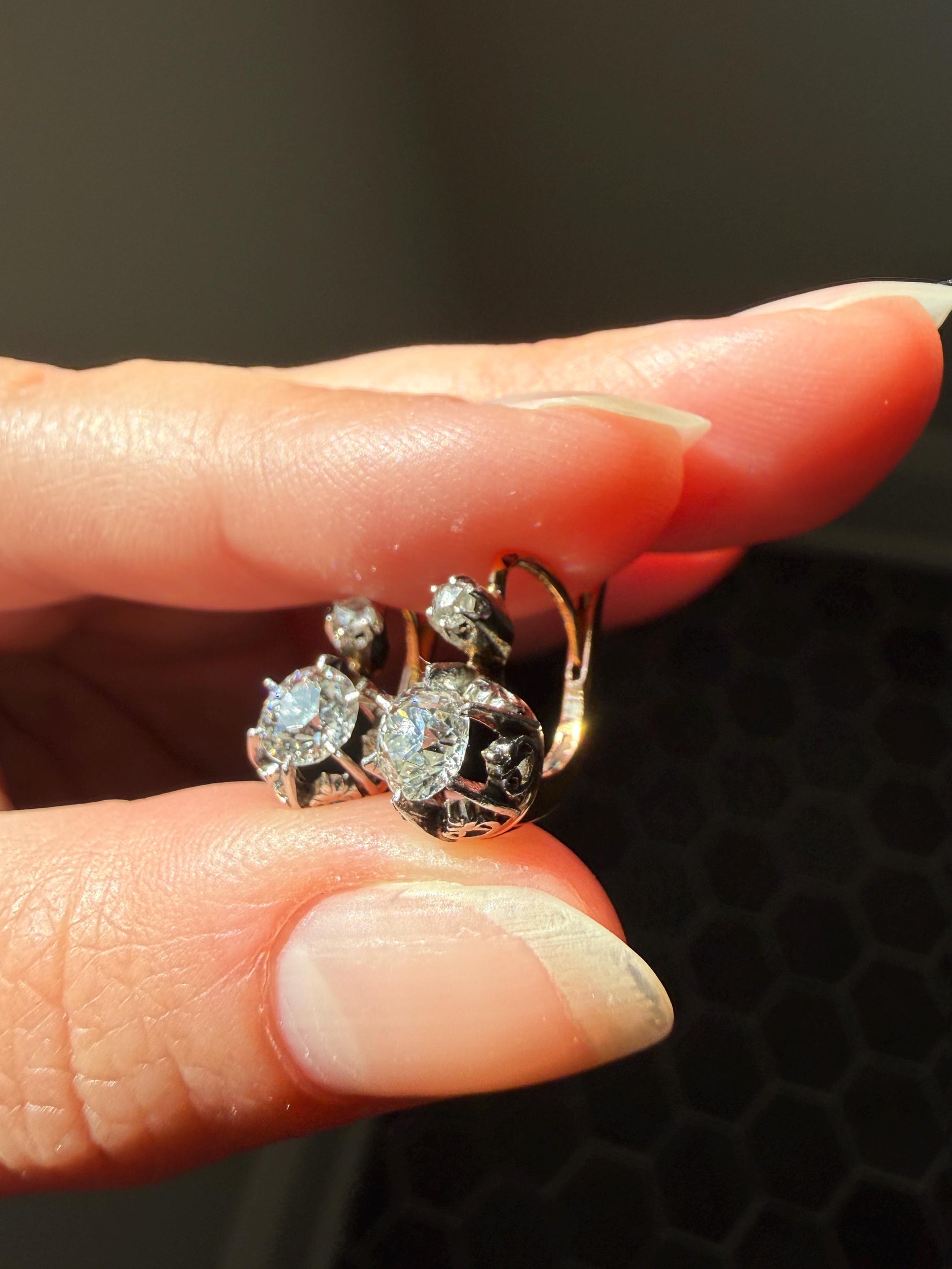 FRENCH Antique Eye Clean 1.25 Carat Tdw Old Mine Cut DIAMOND Natural Fleur de Lis Crown Earrings 18k Gold Platinum Victorian Dangle Dormeuse