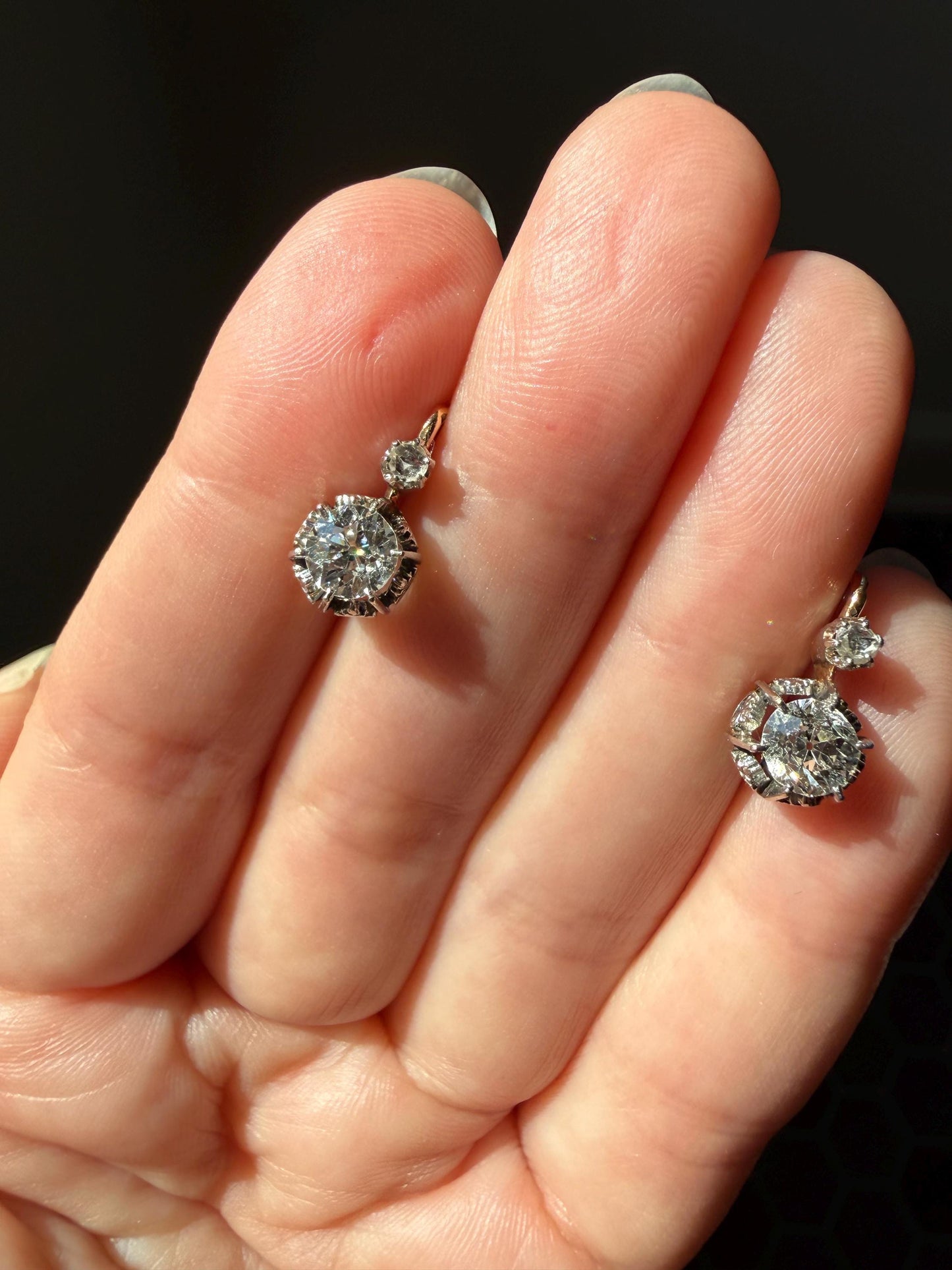 FRENCH Antique Eye Clean 1.25 Carat Tdw Old Mine Cut DIAMOND Natural Fleur de Lis Crown Earrings 18k Gold Platinum Victorian Dangle Dormeuse