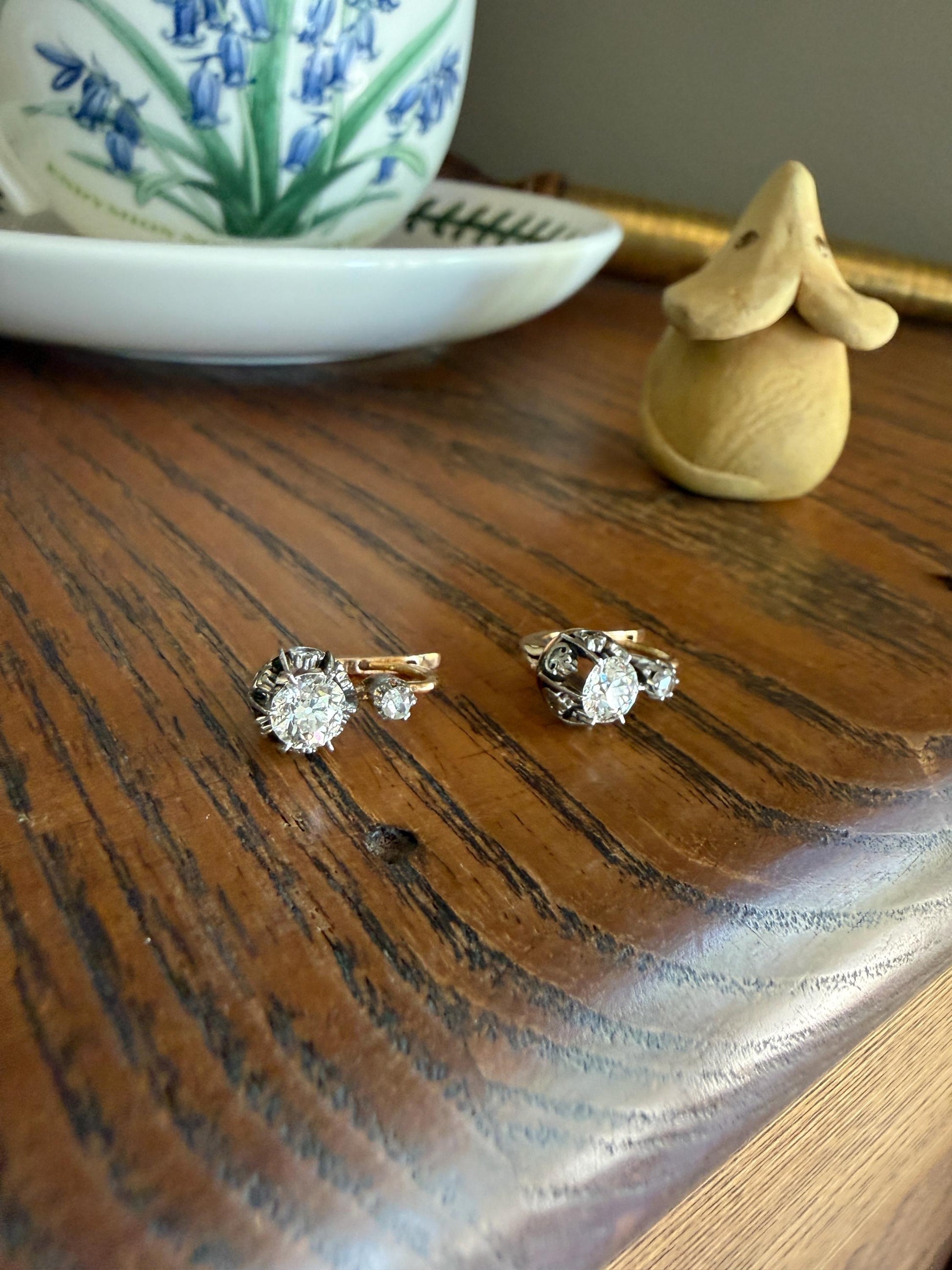 FRENCH Antique Eye Clean 1.25 Carat Tdw Old Mine Cut DIAMOND Natural Fleur de Lis Crown Earrings 18k Gold Platinum Victorian Dangle Dormeuse