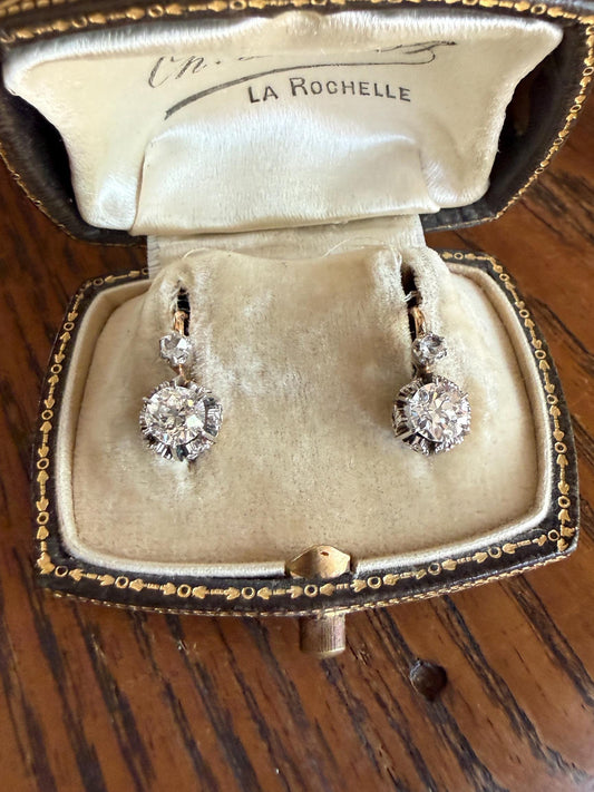 FRENCH Antique Eye Clean 1.25 Carat Tdw Old Mine Cut DIAMOND Natural Fleur de Lis Crown Earrings 18k Gold Platinum Victorian Dangle Dormeuse