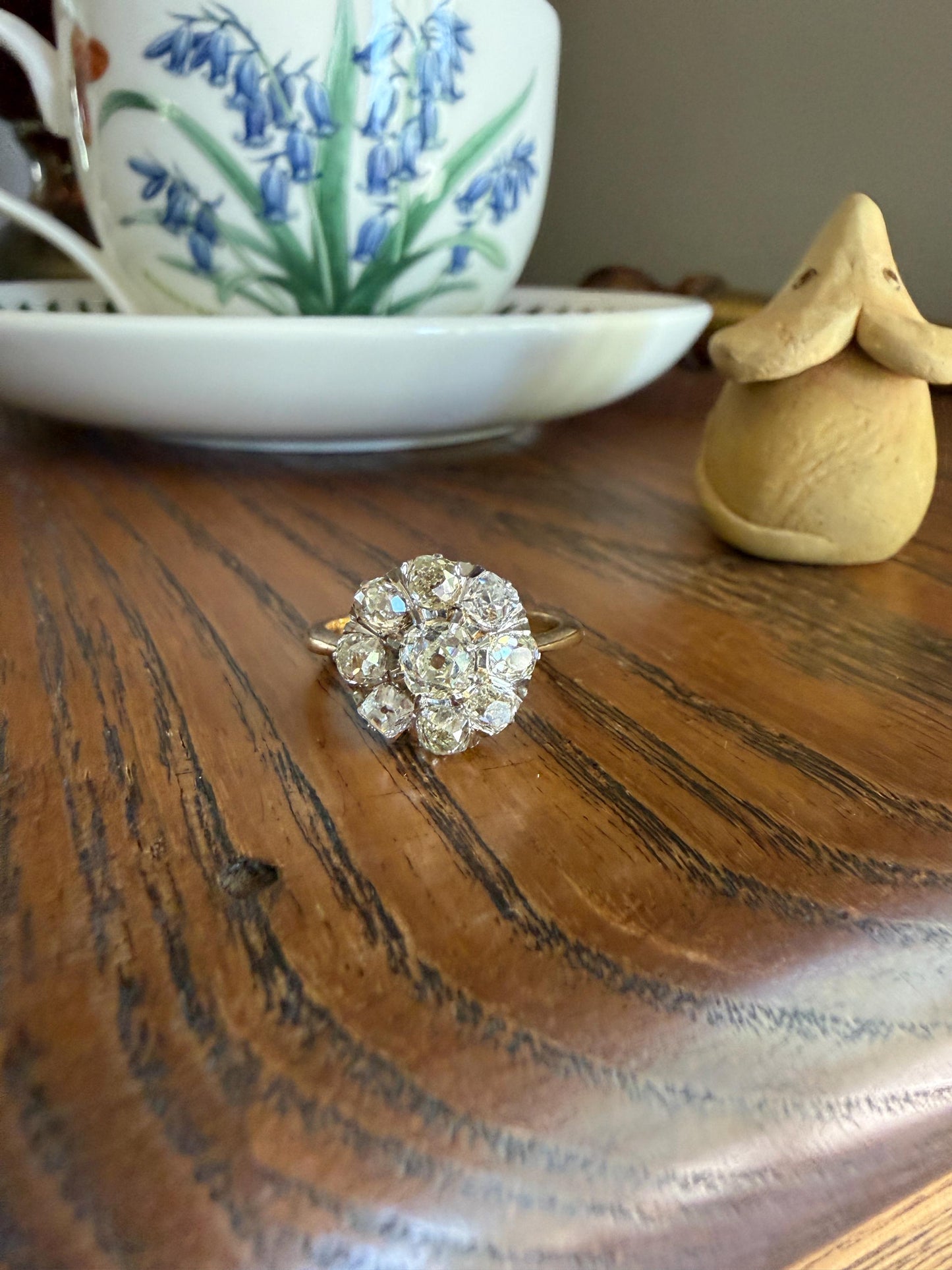 Special ANTIQUE 2.6 Carat 9 Old Mine Cut DIAMOND Daisy Cluster Ring 18k Gold & PLATINUM Belle Epoque Gift OmC Victorian Oval 2.6Ctw OmC