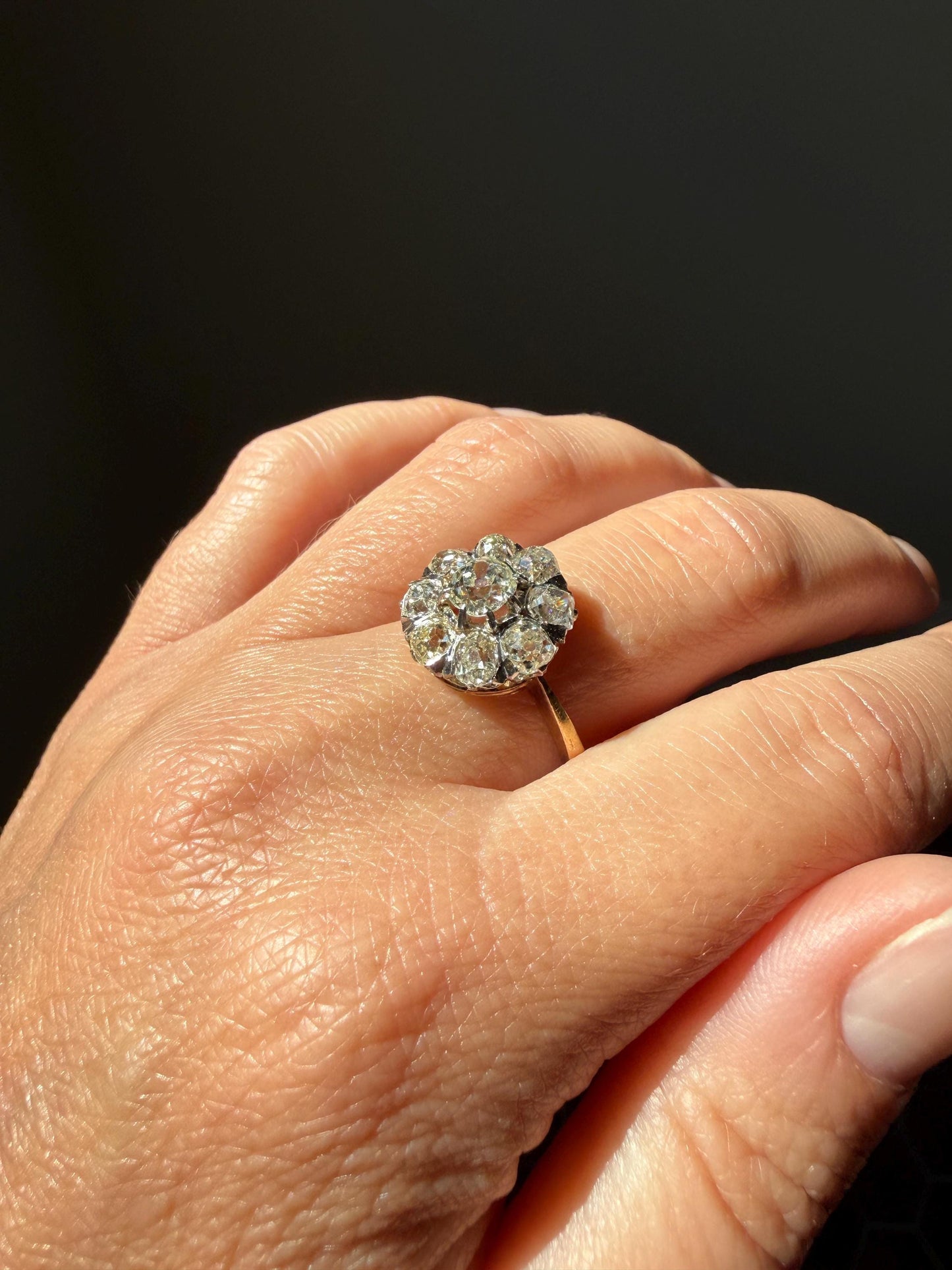 Special ANTIQUE 2.6 Carat 9 Old Mine Cut DIAMOND Daisy Cluster Ring 18k Gold & PLATINUM Belle Epoque Gift OmC Victorian Oval 2.6Ctw OmC