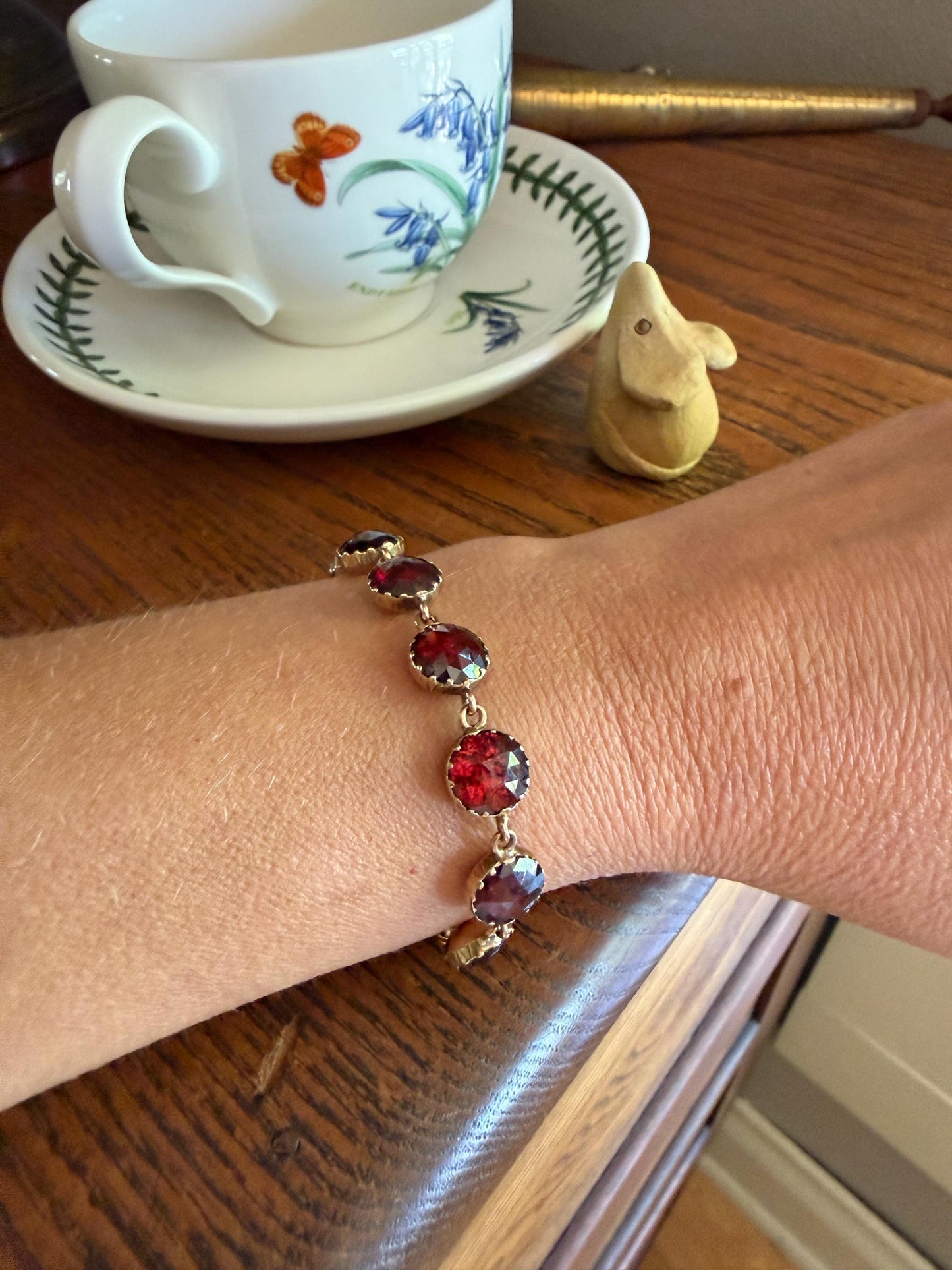 Antique French Perpignan GARNET Rose Cut Riviere Eternity Tennis Bracelet 18k Gold Victorian Bezel Set Almandine Glowing Raspberry