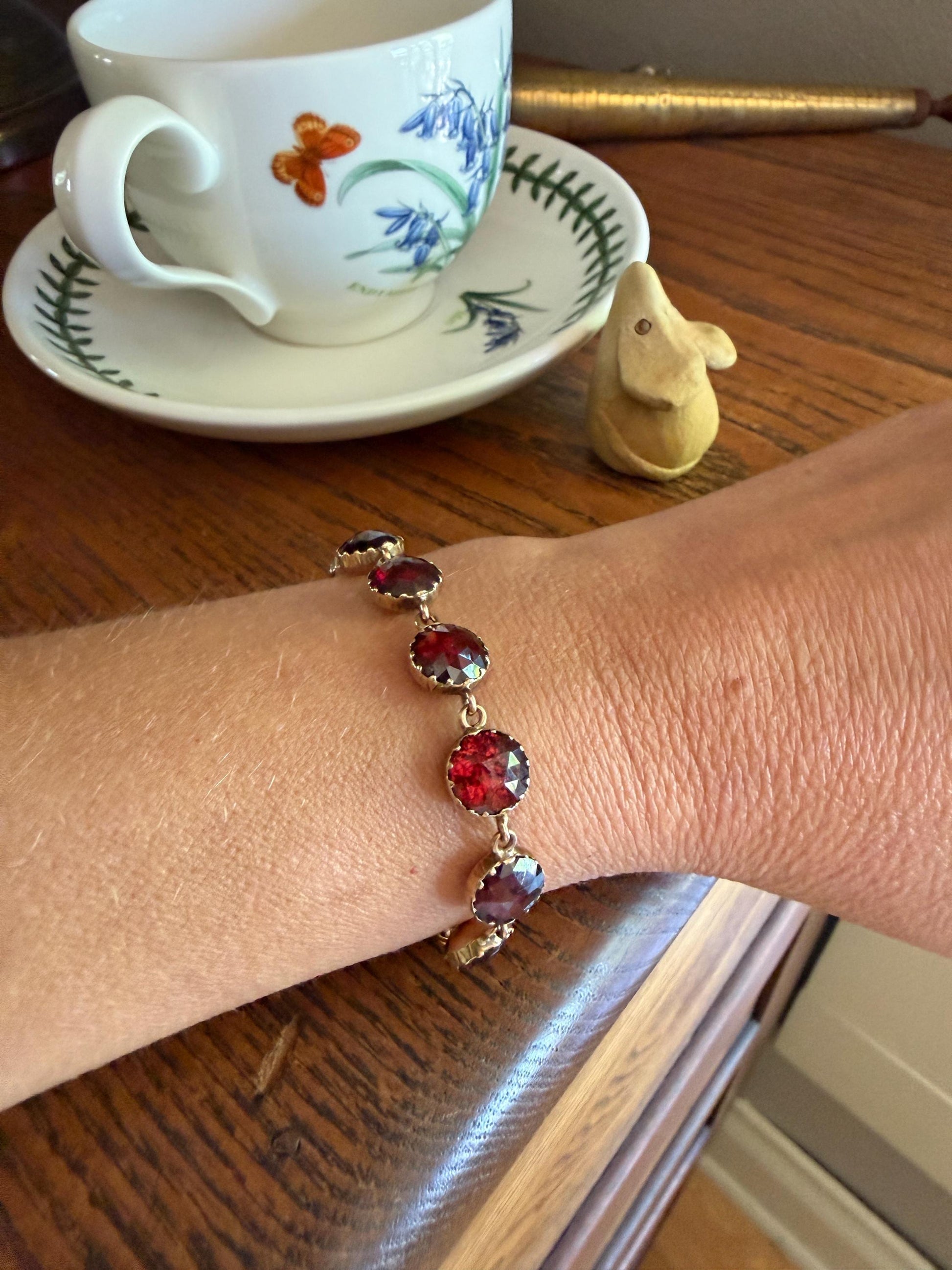 Antique French Perpignan GARNET Rose Cut Riviere Eternity Tennis Bracelet 18k Gold Victorian Bezel Set Almandine Glowing Raspberry