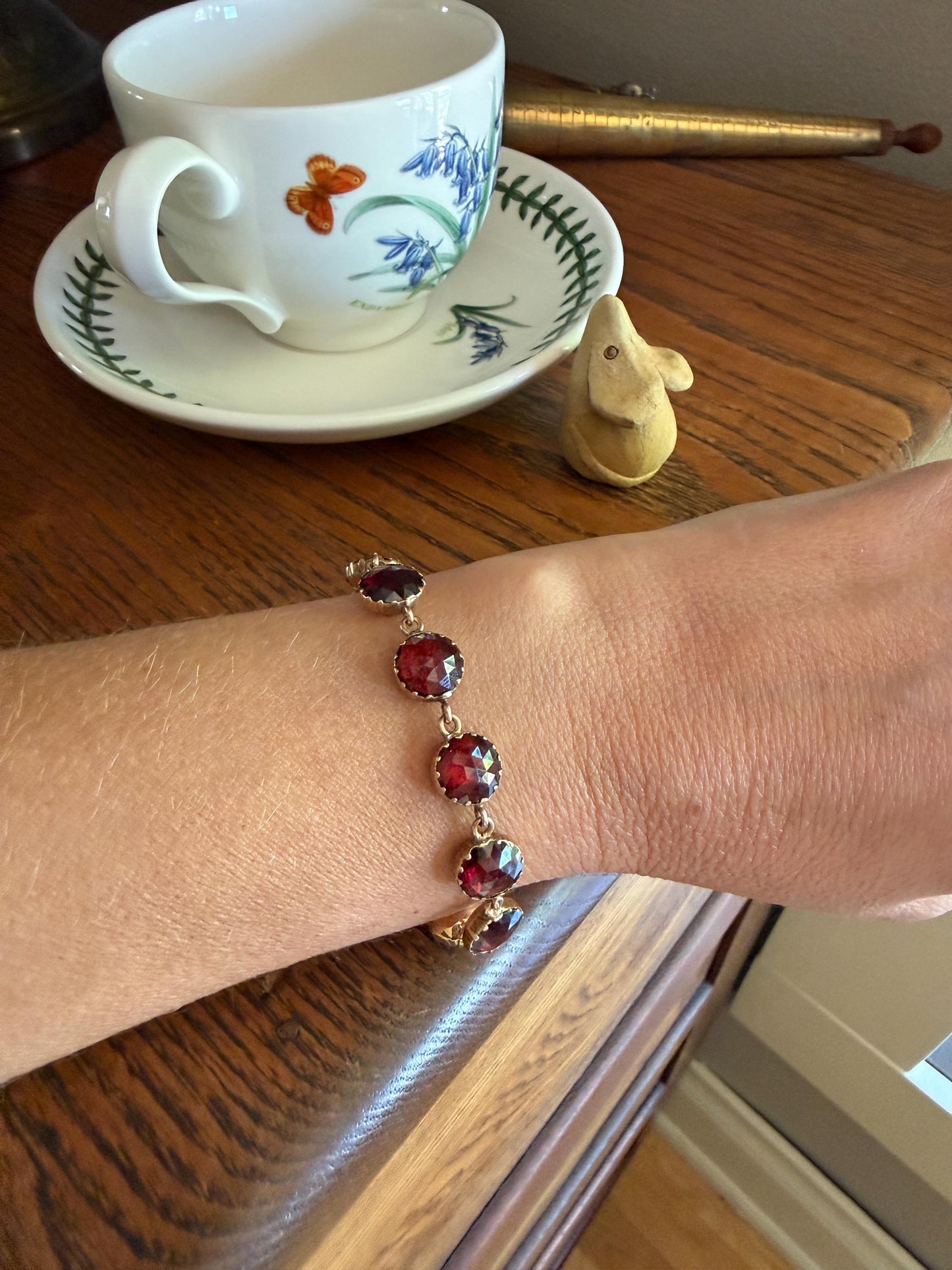 Antique French Perpignan GARNET Rose Cut Riviere Eternity Tennis Bracelet 18k Gold Victorian Bezel Set Almandine Glowing Raspberry