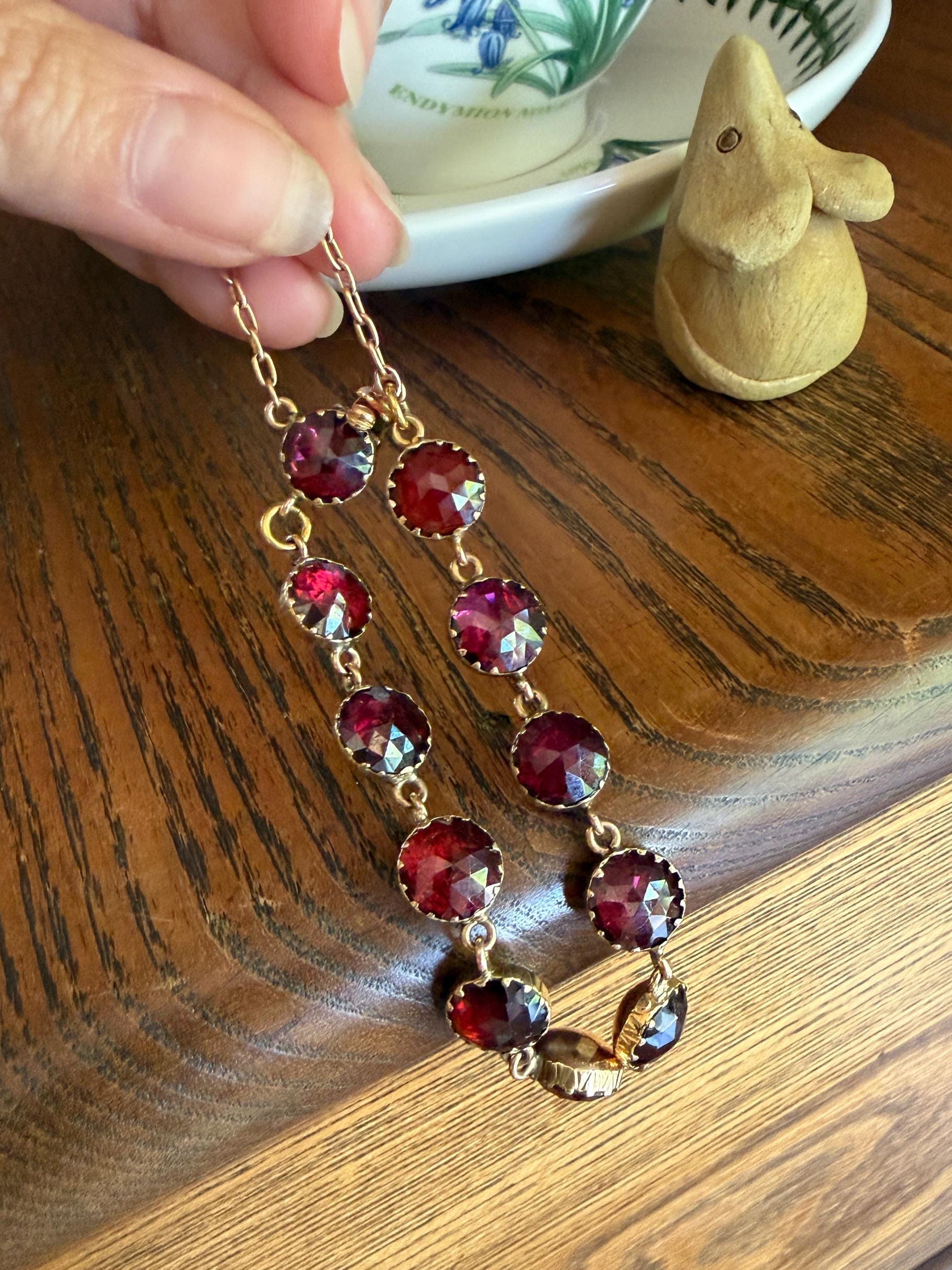 Antique French Perpignan GARNET Rose Cut Riviere Eternity Tennis Bracelet 18k Gold Victorian Bezel Set Almandine Glowing Raspberry