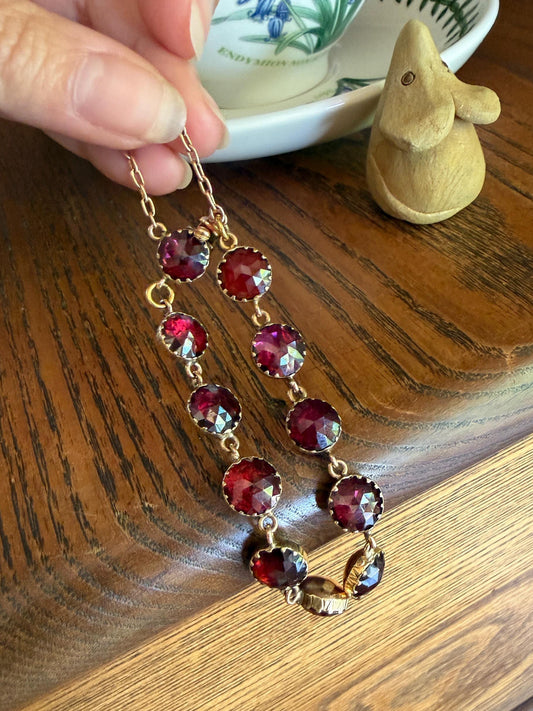 Antique French Perpignan GARNET Rose Cut Riviere Eternity Tennis Bracelet 18k Gold Victorian Bezel Set Almandine Glowing Raspberry
