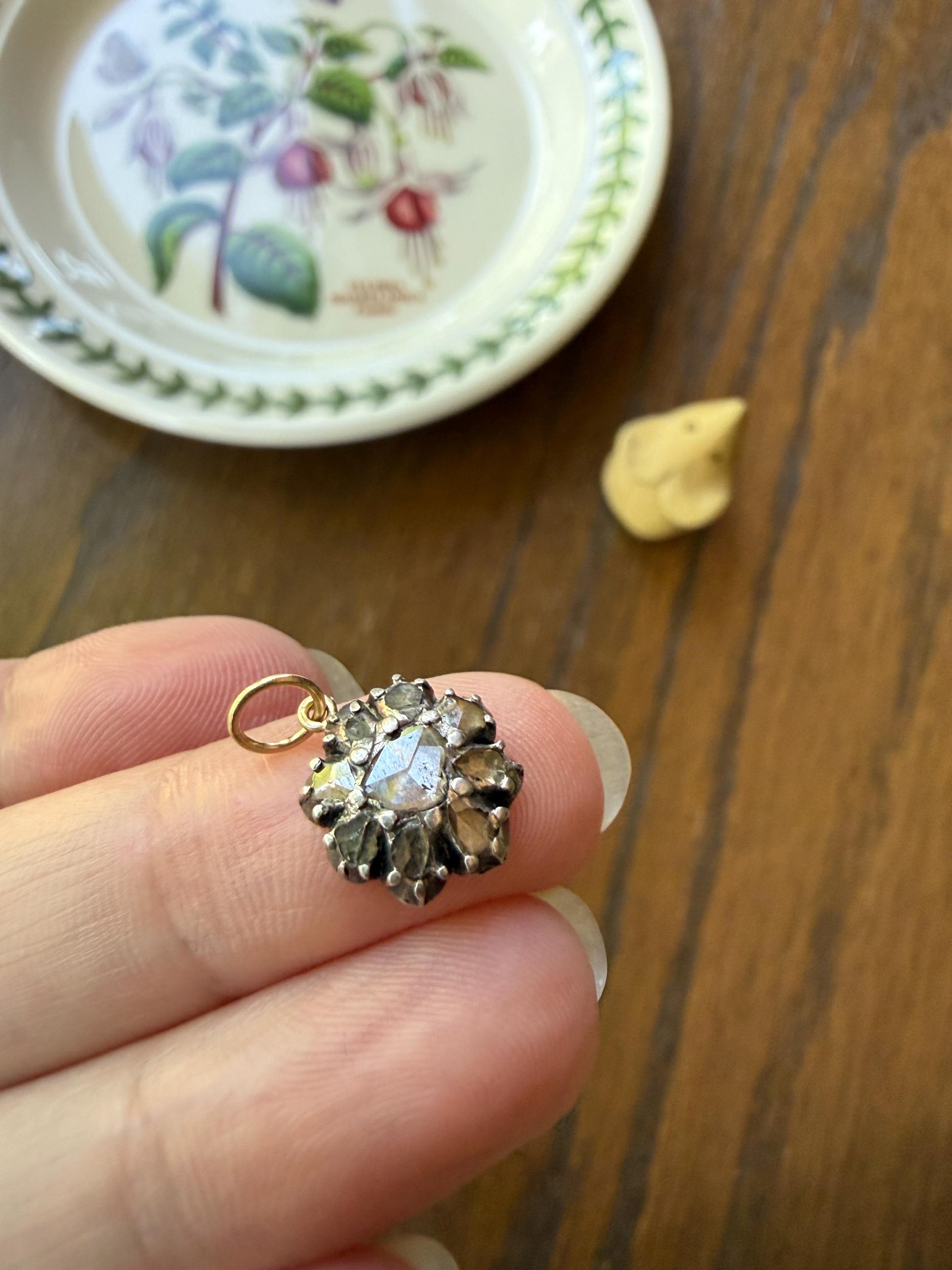 Georgian Daisy Cluster Pendant Rose Cut DIAMOND Antique Victorian 18k Gold Silver Collets 14k Loops Pendant Necklace Bracelet Charm Floral