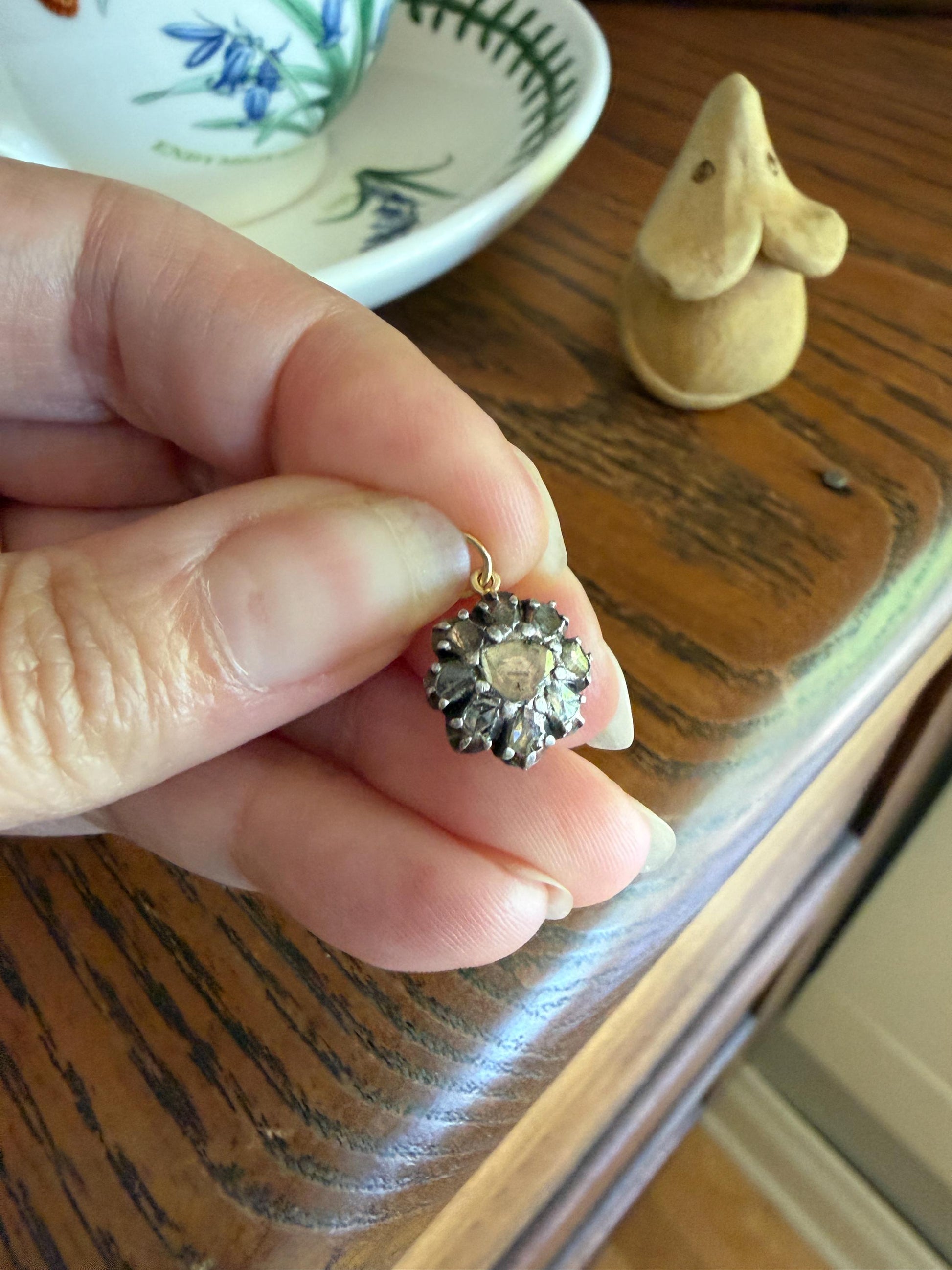 Georgian Daisy Cluster Pendant Rose Cut DIAMOND Antique Victorian 18k Gold Silver Collets 14k Loops Pendant Necklace Bracelet Charm Floral