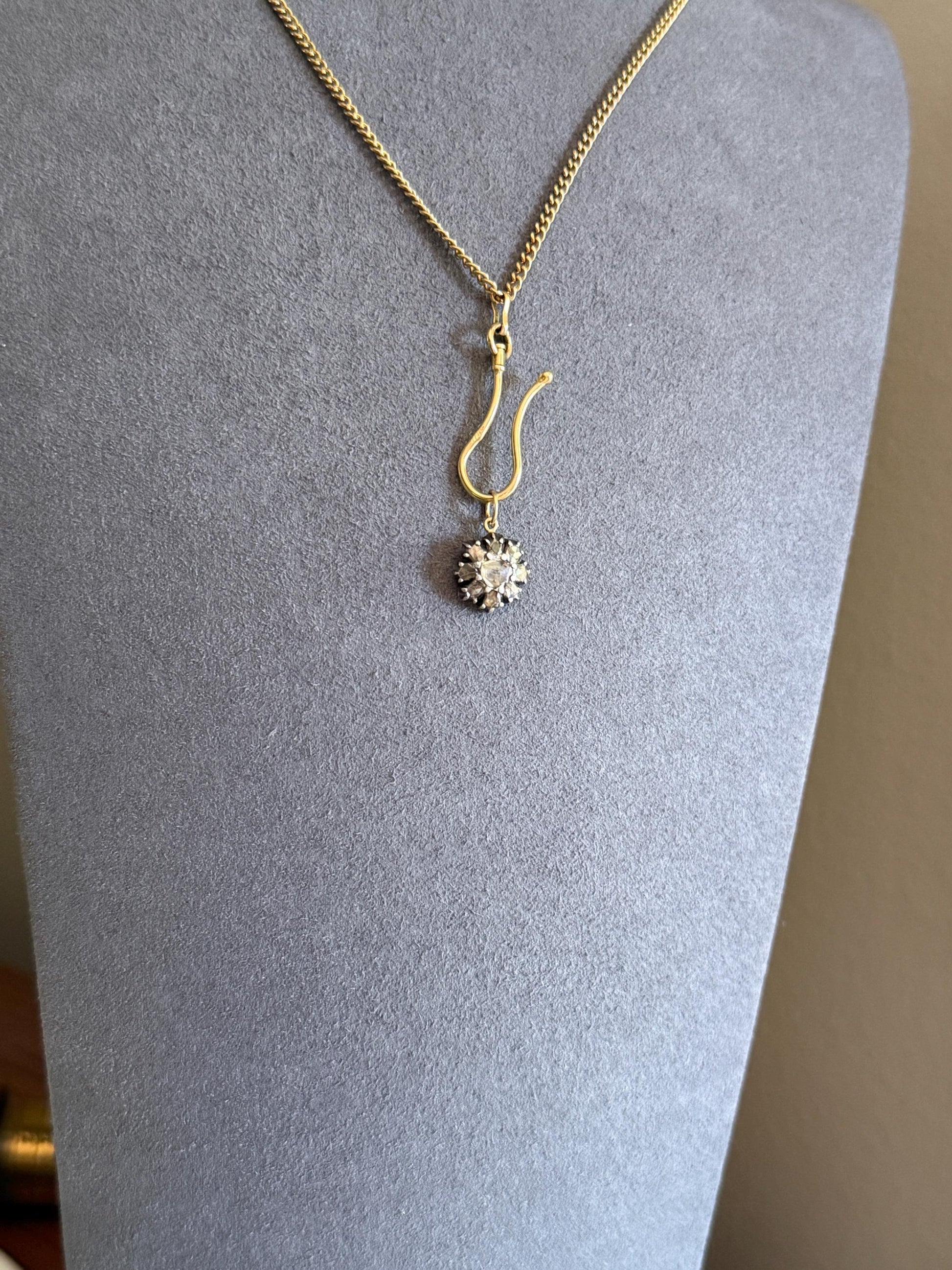 Georgian Daisy Cluster Pendant Rose Cut DIAMOND Antique Victorian 18k Gold Silver Collets 14k Loops Pendant Necklace Bracelet Charm Floral