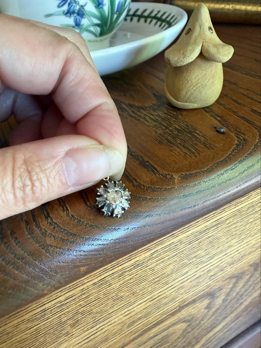 Georgian Daisy Cluster Pendant Rose Cut DIAMOND Antique Victorian 18k Gold Silver Collets 14k Loops Pendant Necklace Bracelet Charm Floral