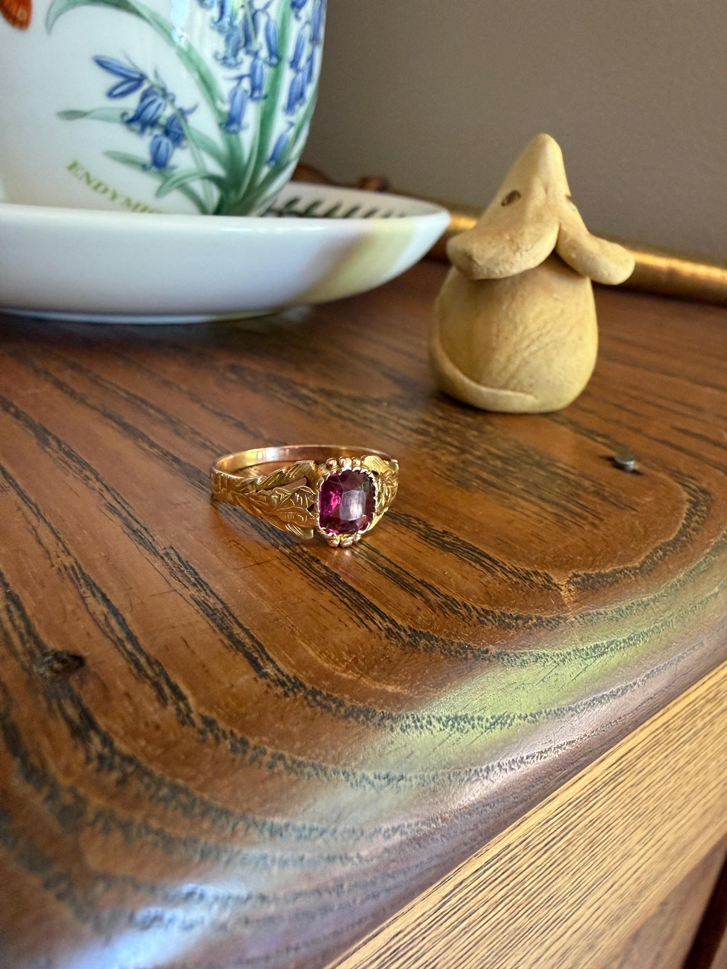 Ornate GARNET Victorian Engraved Antique Ring 14k Gold Solid Stacker Swirled Shoulder