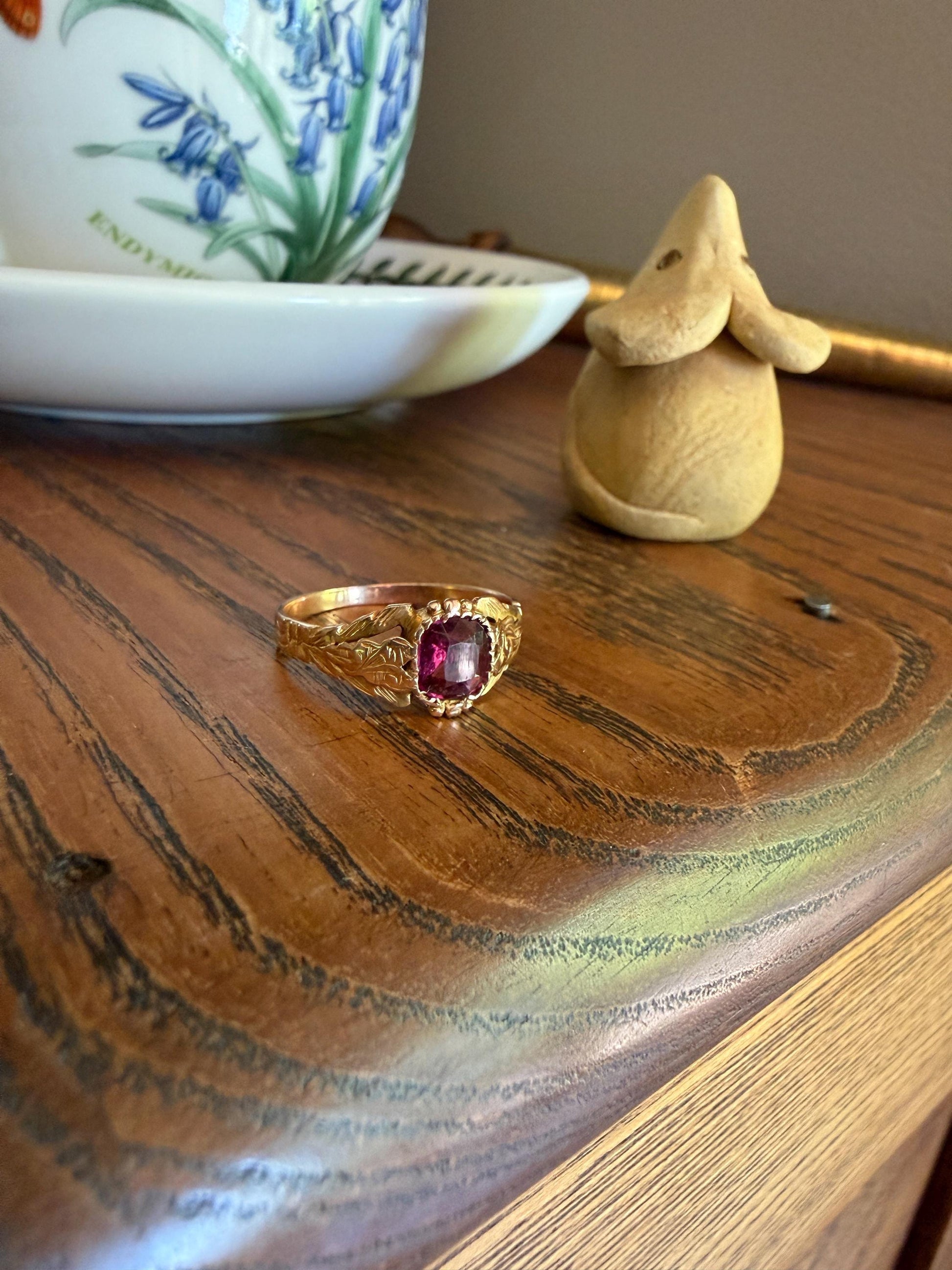 Ornate GARNET Victorian Engraved Antique Ring 14k Gold Solid Stacker Swirled Shoulder
