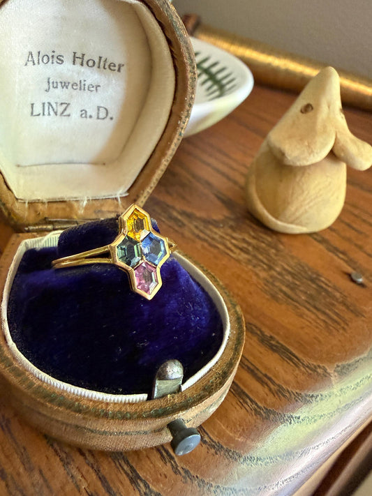 HEXAGON French Vintage Multi Color Sapphire Honeycomb Ring Yellow Pink Natural Blue Sapphire Green Spinel Geometric Tutti Frutti Grid Panel