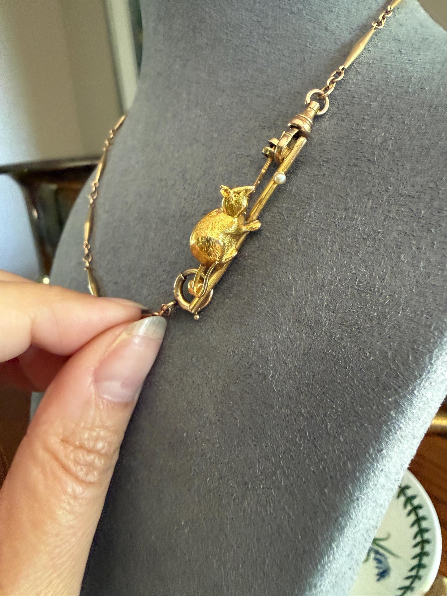 Large MOUSE Victorian Figural Bar Pin Bar Brooch for Pendant Charm Holder Antique 18k Gold Solid Extender Connector Chunky 3D Figural