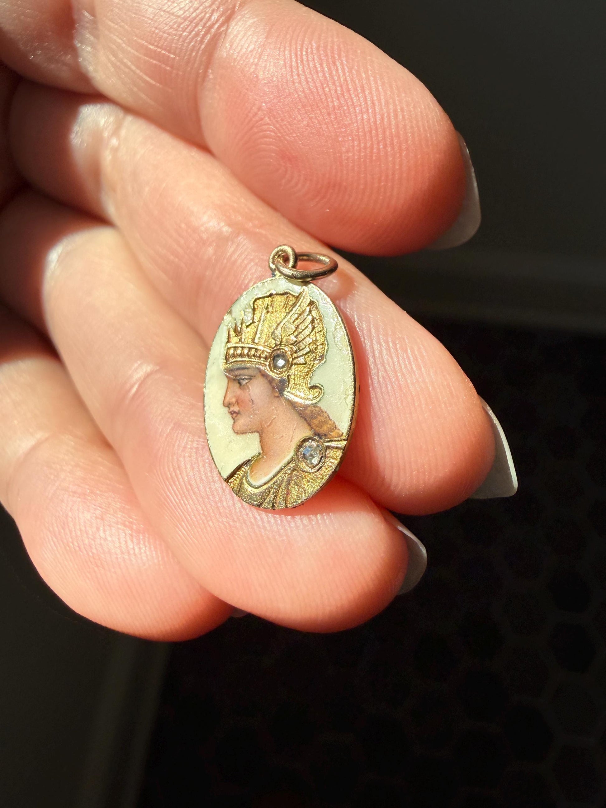 GODDESS Empress QUEEN Antique Enamel Pendant 18k Gold Rose Cut Diamond Hand Painted Victorian Art Nouveau Woman Bracelet Necklace Charm