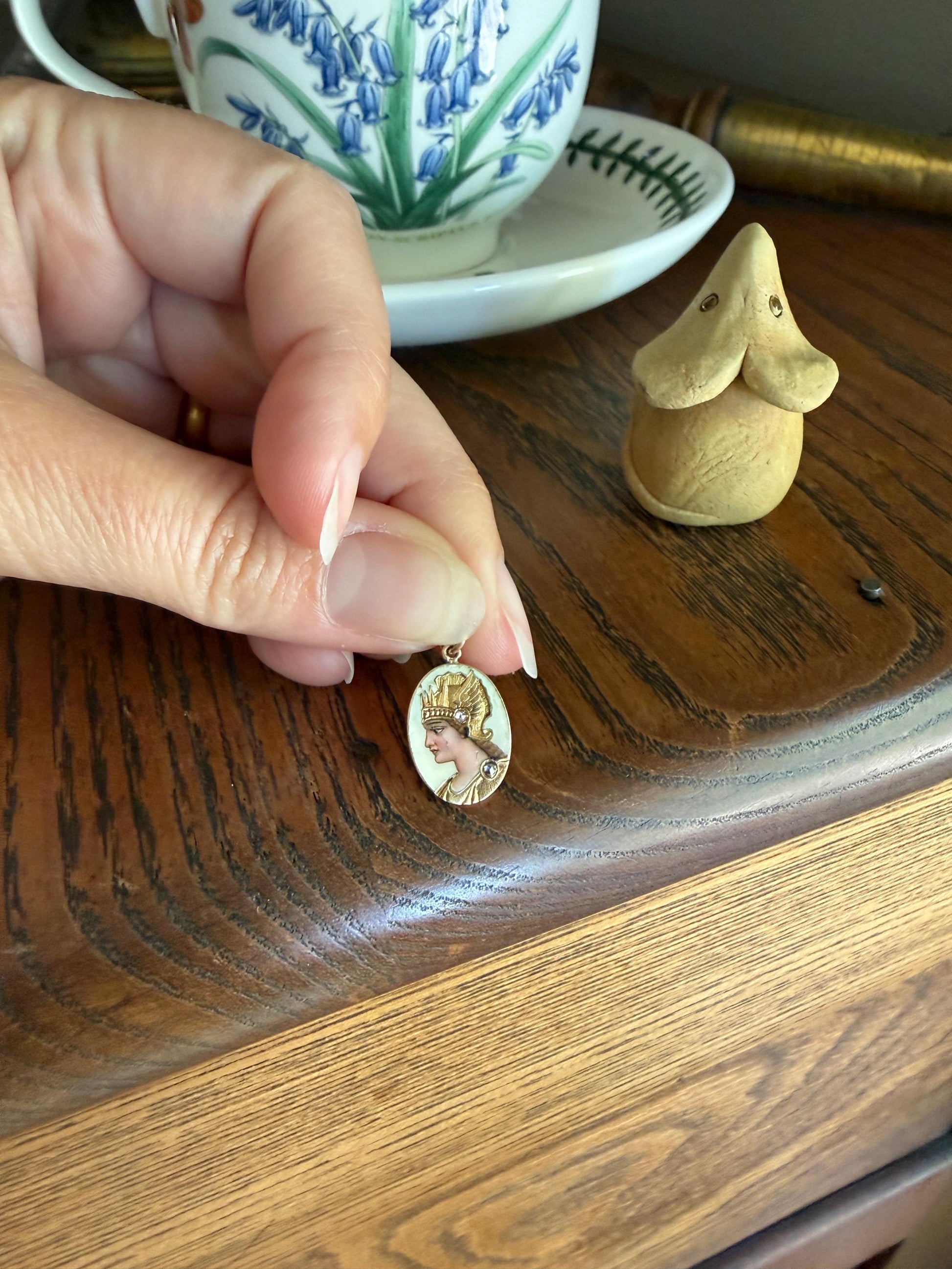 GODDESS Empress QUEEN Antique Enamel Pendant 18k Gold Rose Cut Diamond Hand Painted Victorian Art Nouveau Woman Bracelet Necklace Charm