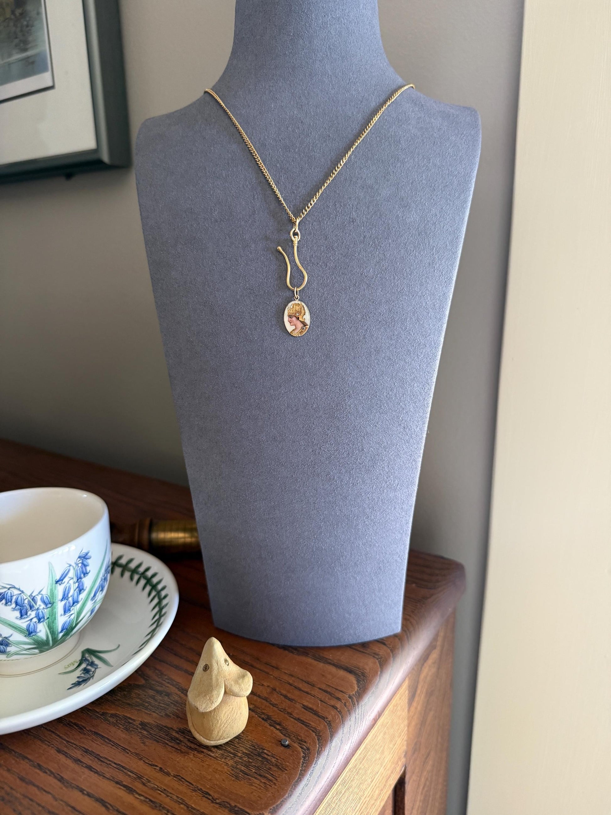 GODDESS Empress QUEEN Antique Enamel Pendant 18k Gold Rose Cut Diamond Hand Painted Victorian Art Nouveau Woman Bracelet Necklace Charm