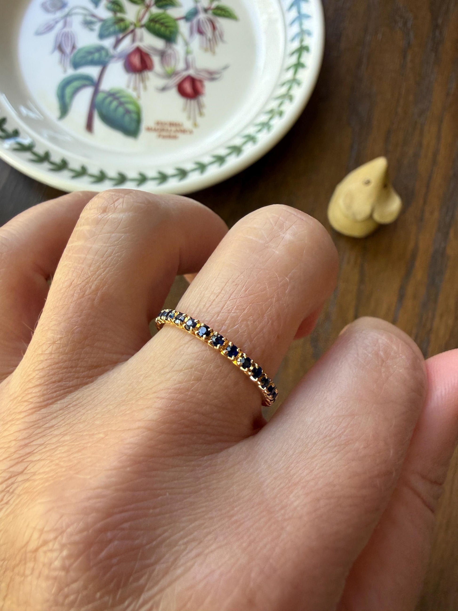 Vintage Natural SAPPHIRE Full Eternity Skinny Band Ring 18k Gold Minimalist Line Stacker Romantic Gift Blue Pair Ruby Avail