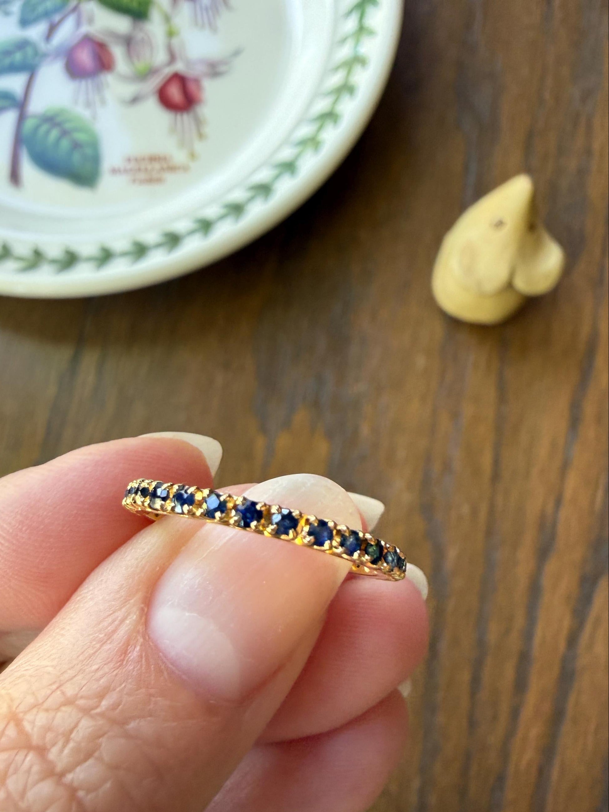 Vintage Natural SAPPHIRE Full Eternity Skinny Band Ring 18k Gold Minimalist Line Stacker Romantic Gift Blue Pair Ruby Avail