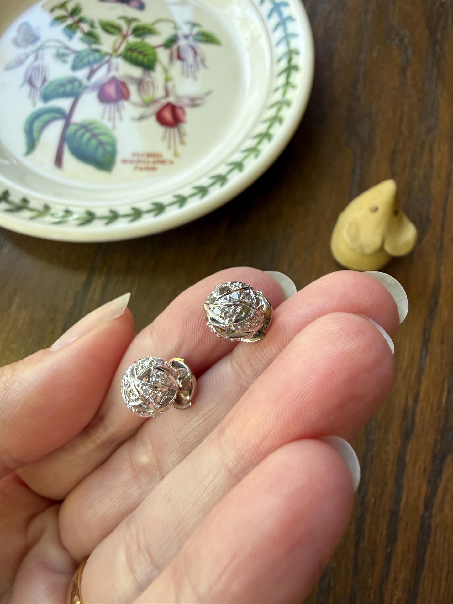 French Vintage Diamond SPHERE Studs Faceted 3D Button 18k White GOLD Solid EARRINGS Earstack Geodesic Dome