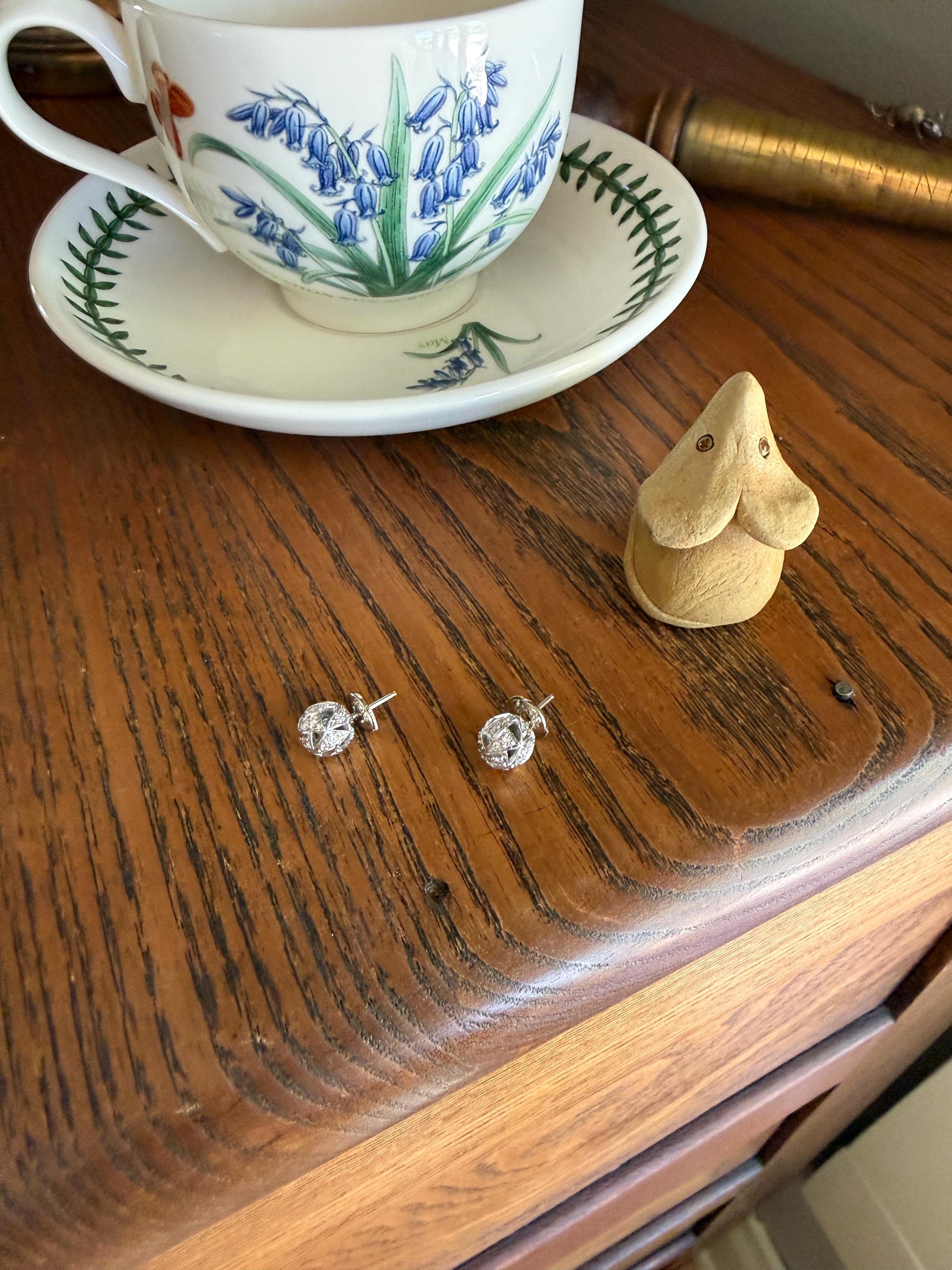 French Vintage Diamond SPHERE Studs Faceted 3D Button 18k White GOLD Solid EARRINGS Earstack Geodesic Dome