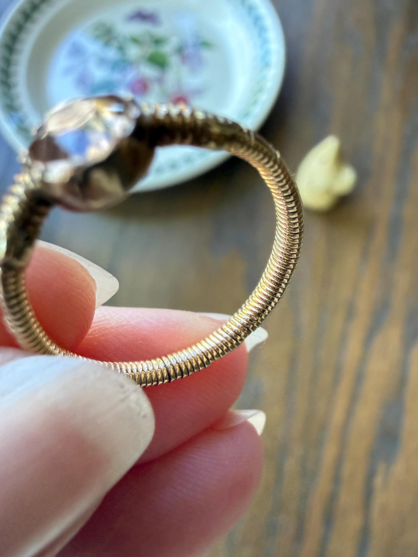 Georgian Old Cut Natural Peach Imperial Topaz Collet Set Coiled Shank Ring Snake? Comfort Fit Unique Gemset Stacker