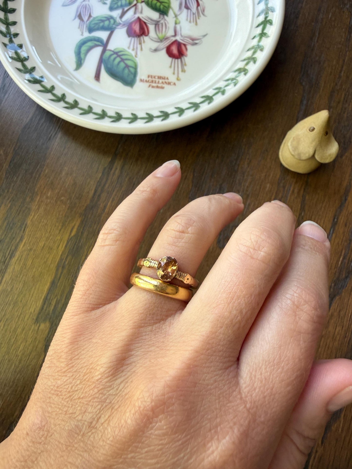 Georgian Old Cut Natural Peach Imperial Topaz Collet Set Coiled Shank Ring Snake? Comfort Fit Unique Gemset Stacker