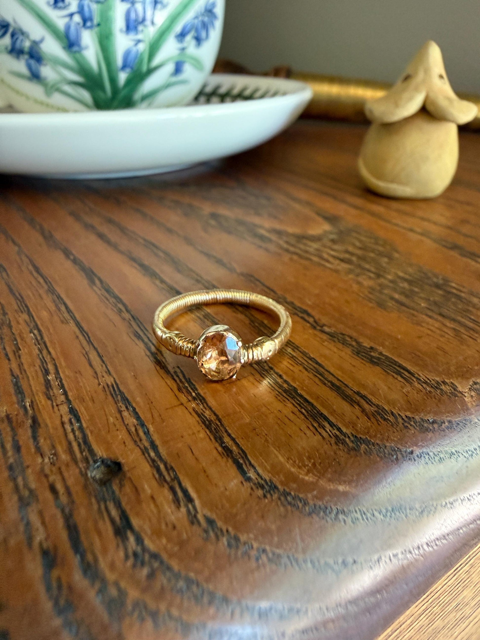 Georgian Old Cut Natural Peach Imperial Topaz Collet Set Coiled Shank Ring Snake? Comfort Fit Unique Gemset Stacker