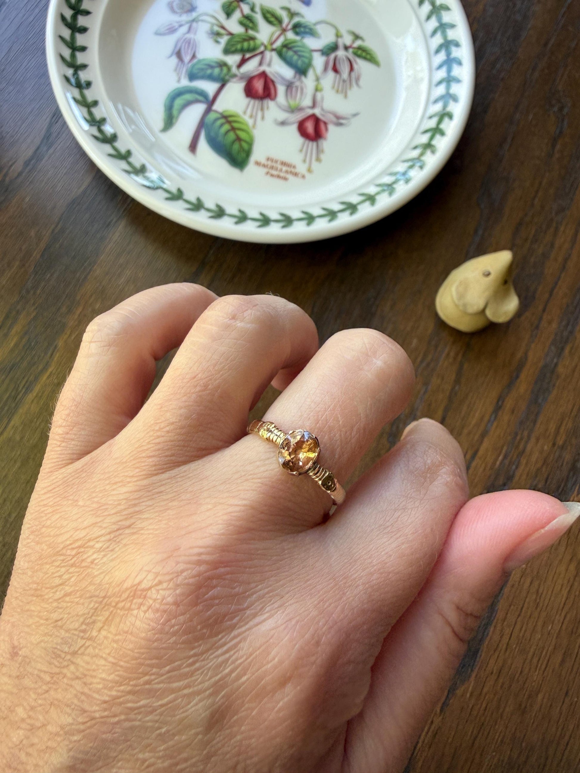 Georgian Old Cut Natural Peach Imperial Topaz Collet Set Coiled Shank Ring Snake? Comfort Fit Unique Gemset Stacker