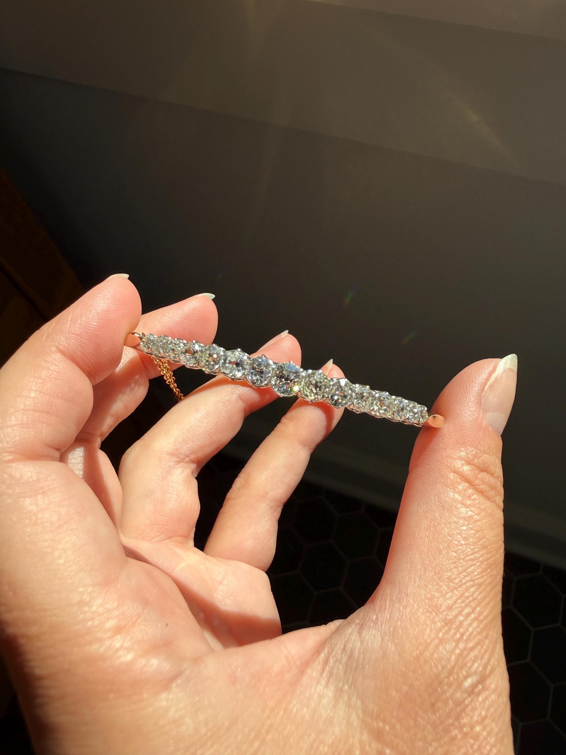 Antique 3.4 CARAT Old Mine Cut DIAMOND Hinged Bangle 15 Stone Line Bracelet 18k Gold Platinum Victorian 3.4Ctw OMC Stacker
