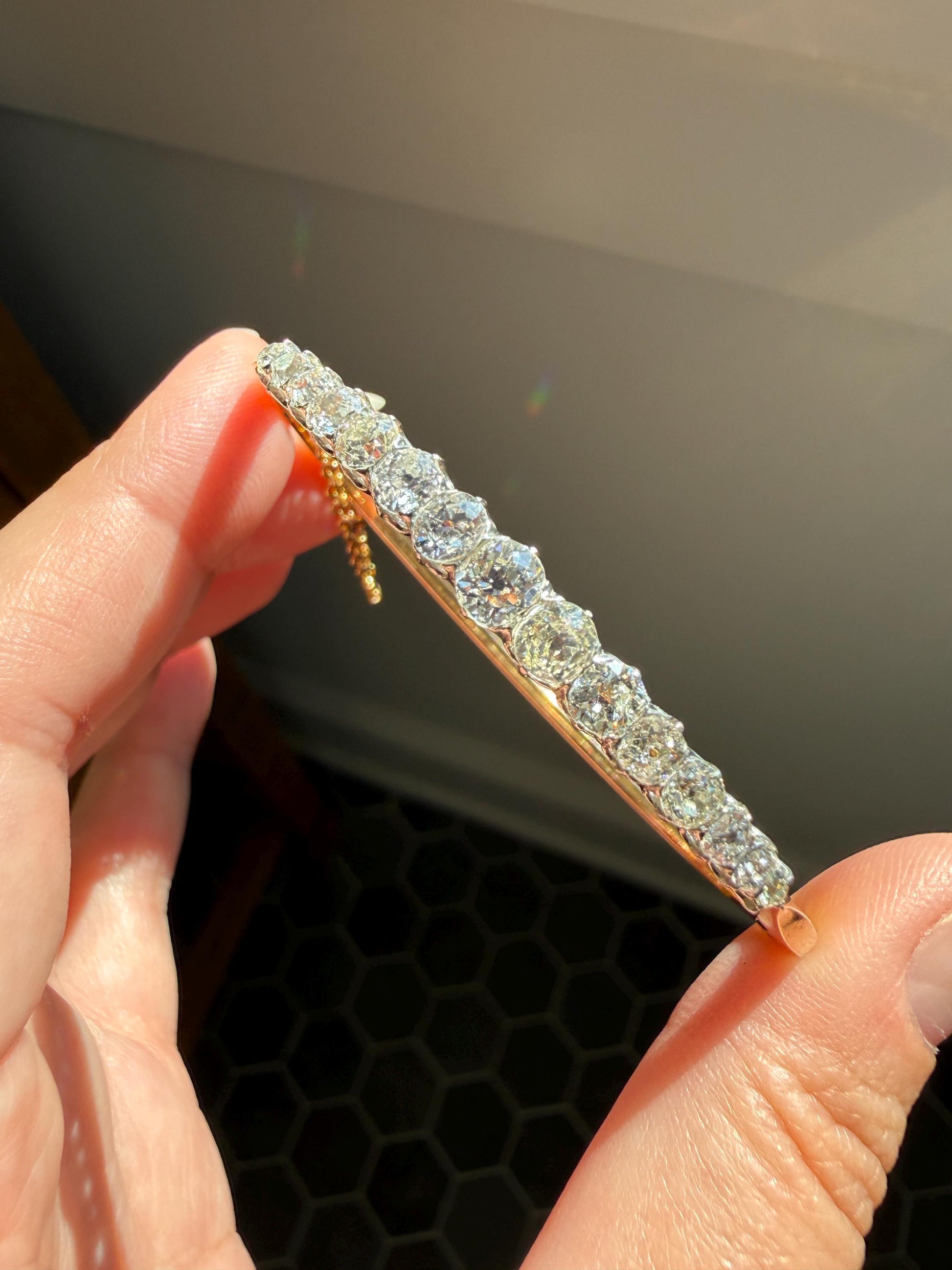 Antique 3.4 CARAT Old Mine Cut DIAMOND Hinged Bangle 15 Stone Line Bracelet 18k Gold Platinum Victorian 3.4Ctw OMC Stacker