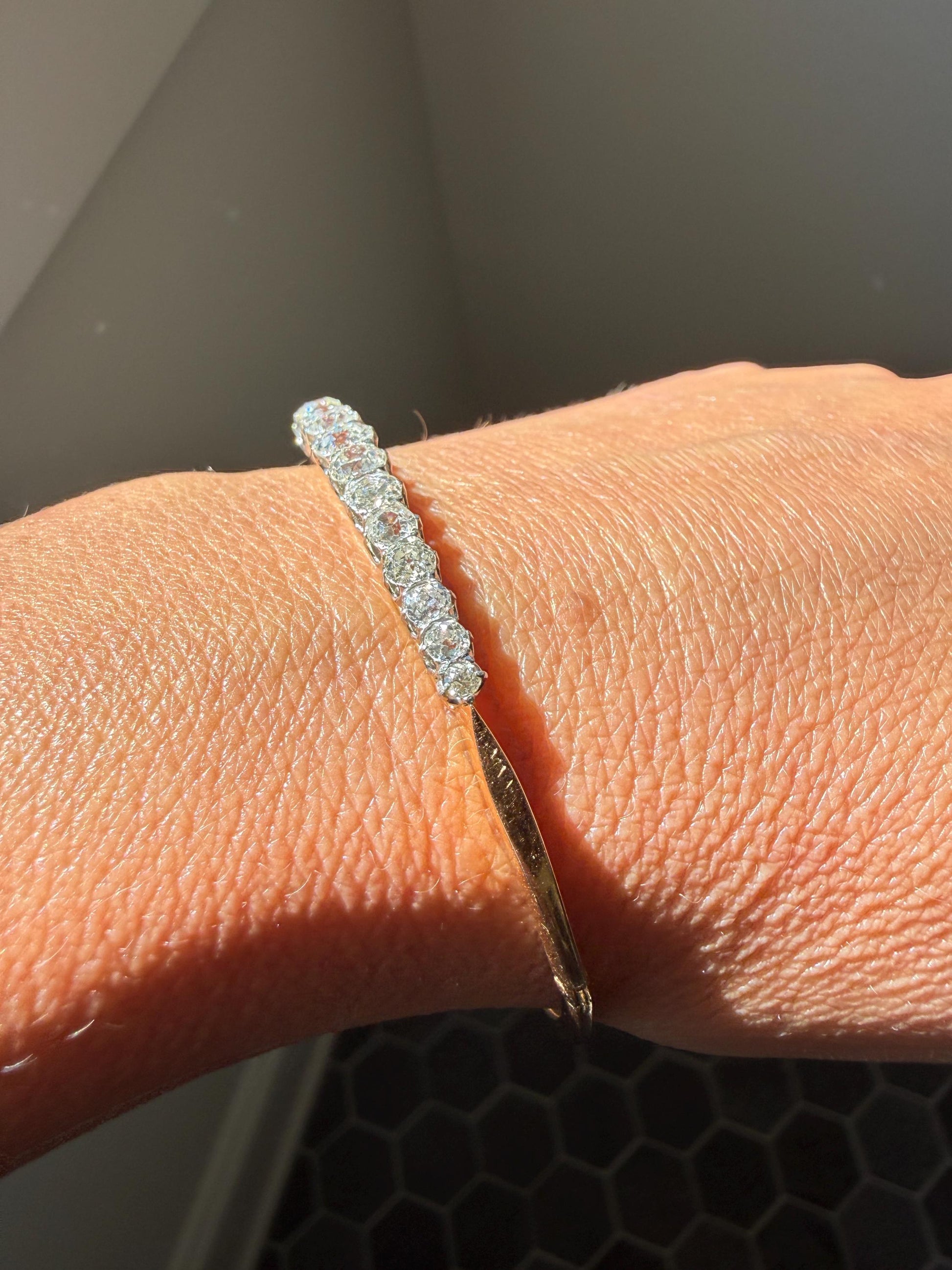 Antique 3.4 CARAT Old Mine Cut DIAMOND Hinged Bangle 15 Stone Line Bracelet 18k Gold Platinum Victorian 3.4Ctw OMC Stacker