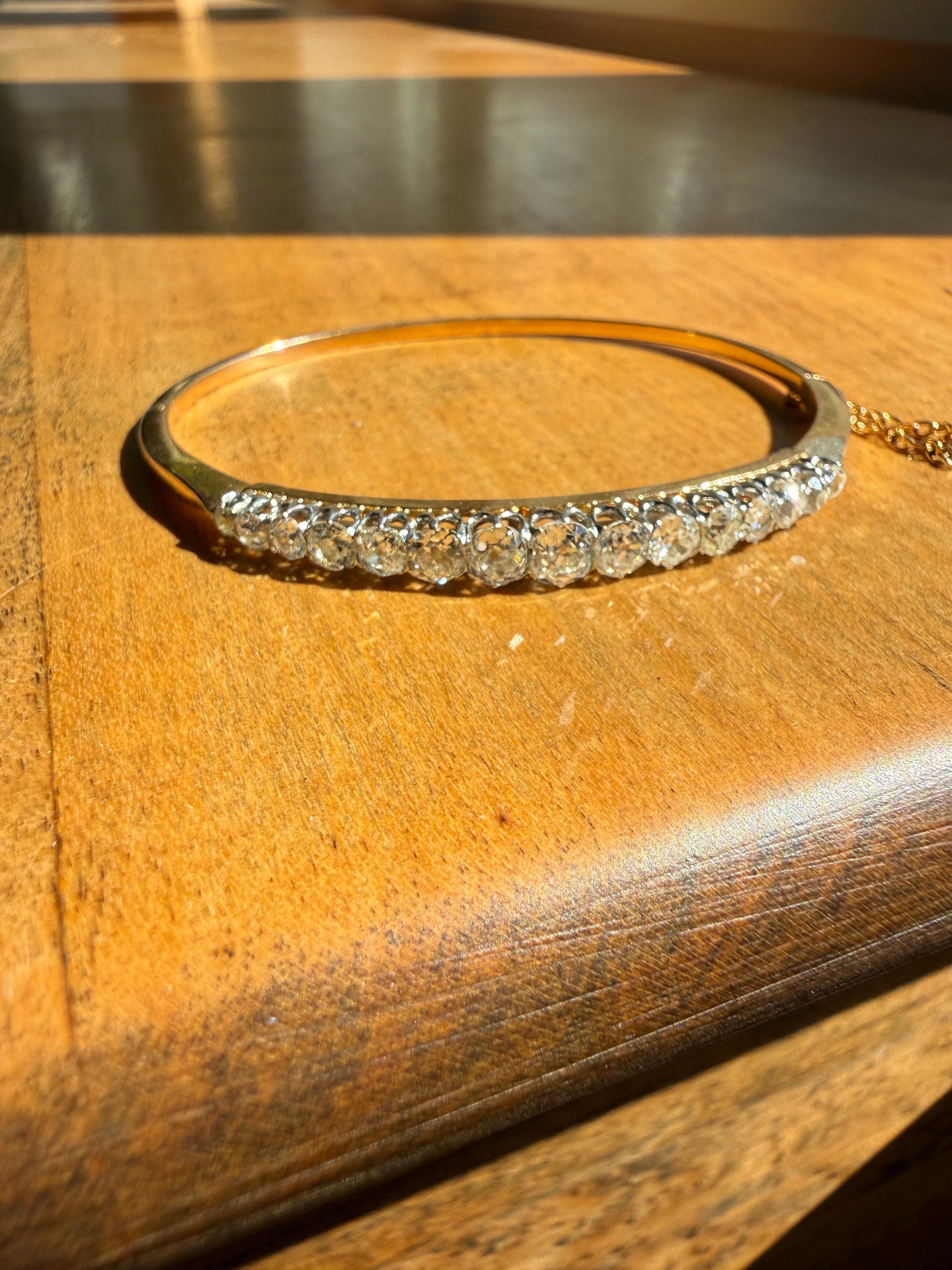 Antique 3.4 CARAT Old Mine Cut DIAMOND Hinged Bangle 15 Stone Line Bracelet 18k Gold Platinum Victorian 3.4Ctw OMC Stacker