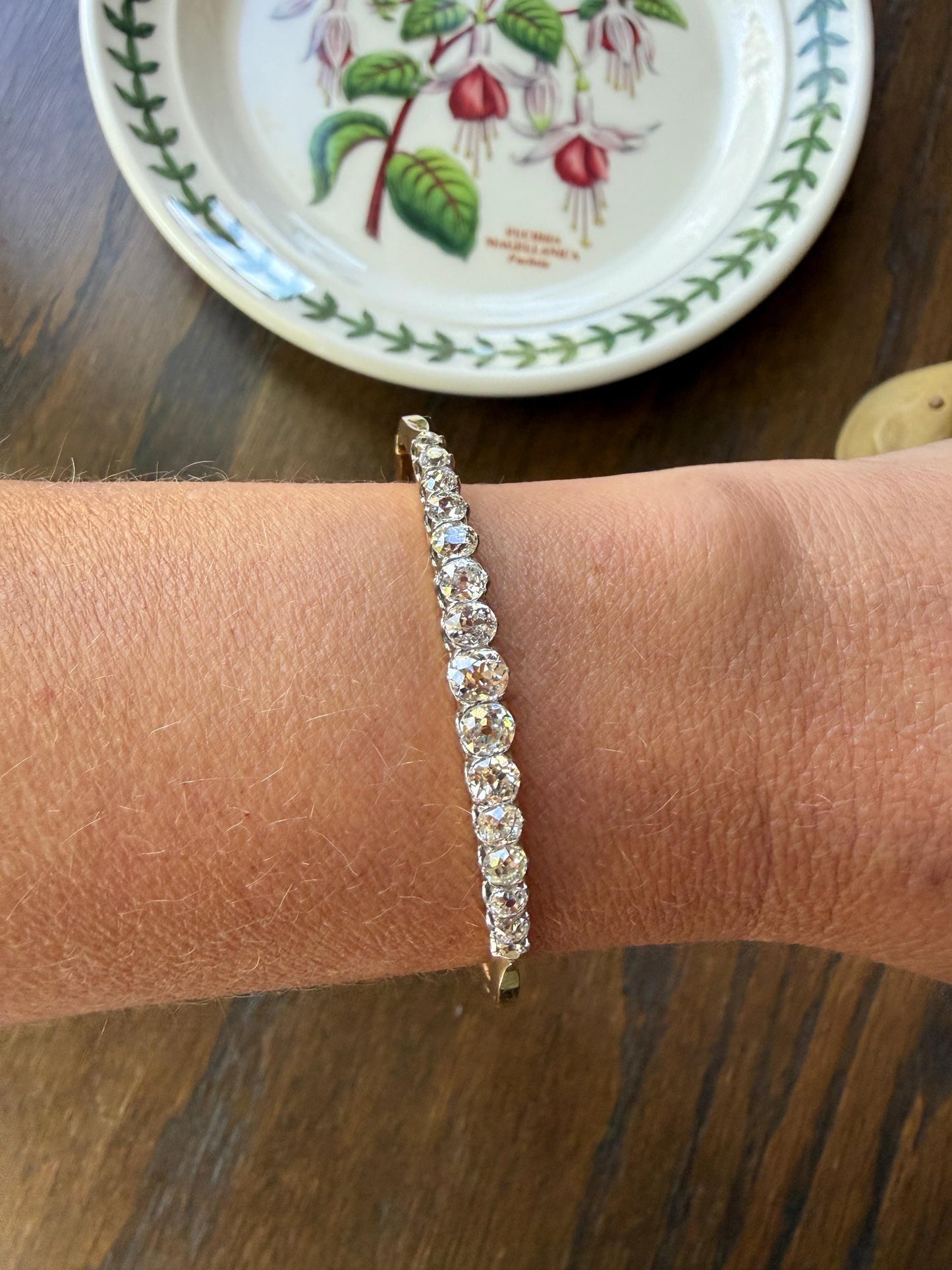 Antique 3.4 CARAT Old Mine Cut DIAMOND Hinged Bangle 15 Stone Line Bracelet 18k Gold Platinum Victorian 3.4Ctw OMC Stacker