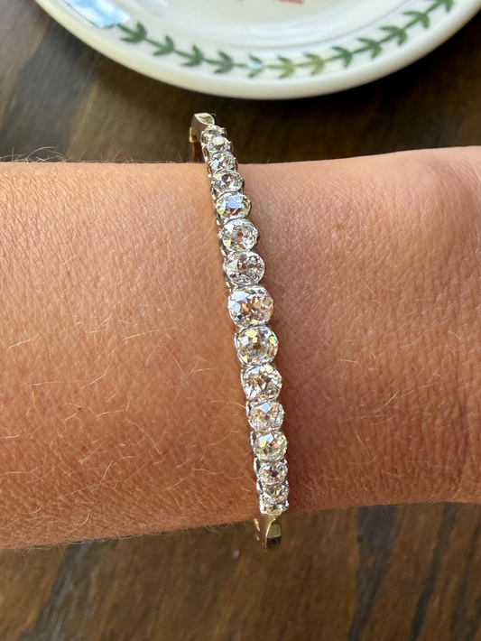 Antique 3.4 CARAT Old Mine Cut DIAMOND Hinged Bangle 15 Stone Line Bracelet 18k Gold Platinum Victorian 3.4Ctw OMC Stacker