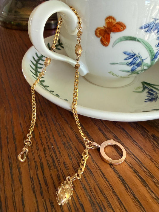French Antique Albertina Watch Chain Cube Sputnik Ball Rivet Charms 9.3g 18k GOLD Solid Curb Link XL Spring Ring Extender Bracelet Connector