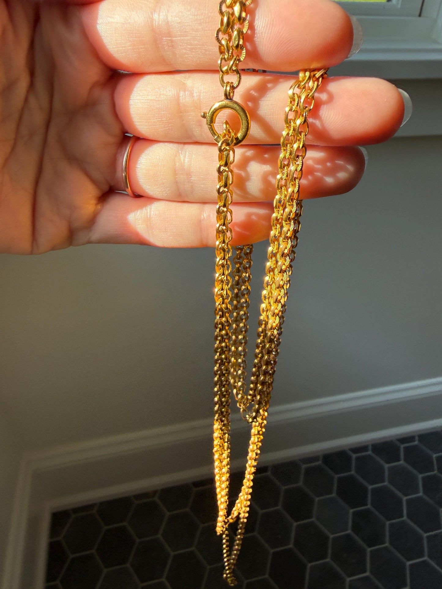 French VICTORIAN Era 17g 18k Gold Solid X- Long Guard Alternating Ribbed Link Muff Body Double Chain Necklace Pendant Holder Bracelet